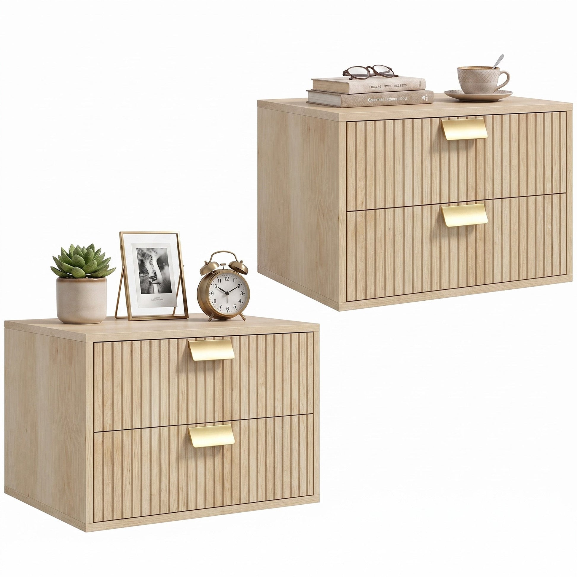 Modern Floating Nightstands Set of 2, Wall Mounted Bedside Tables with 2 Wave Drawers, Bedside Cabinets for Bedroom Living Room, Oak