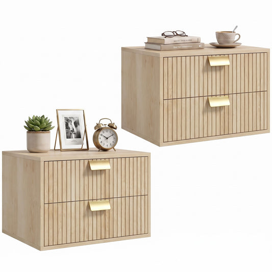 Modern Floating Nightstands Set of 2, Wall Mounted Bedside Tables with 2 Wave Drawers, Bedside Cabinets for Bedroom Living Room, Oak