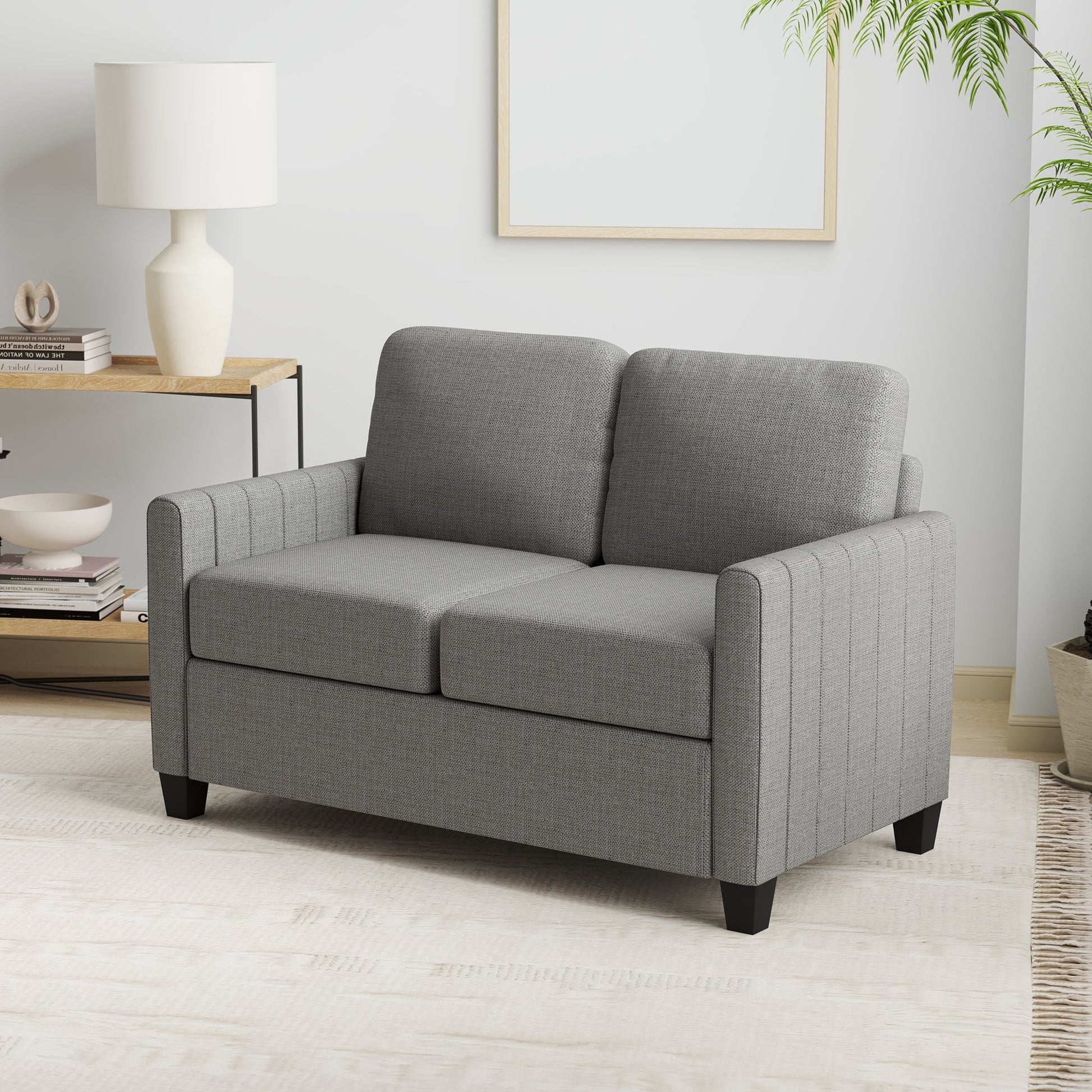 HOMCOM 2 Seater Sofa, Channel Tufted Modern Fabric Couch, Comfy Upholstered Small Sofa Loveseat with Spring Cushion, Back Pillow, for Living Room, Bedroom, Office, Light Grey