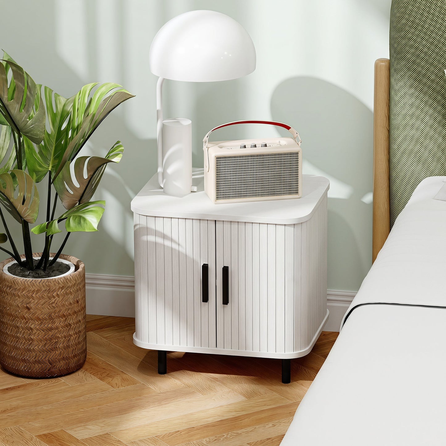Bedside Table, Nordic Side Table with Roller Shutter Style Sliding Doors and Metal Legs for Bedroom, Living Room, White Wood Effect
