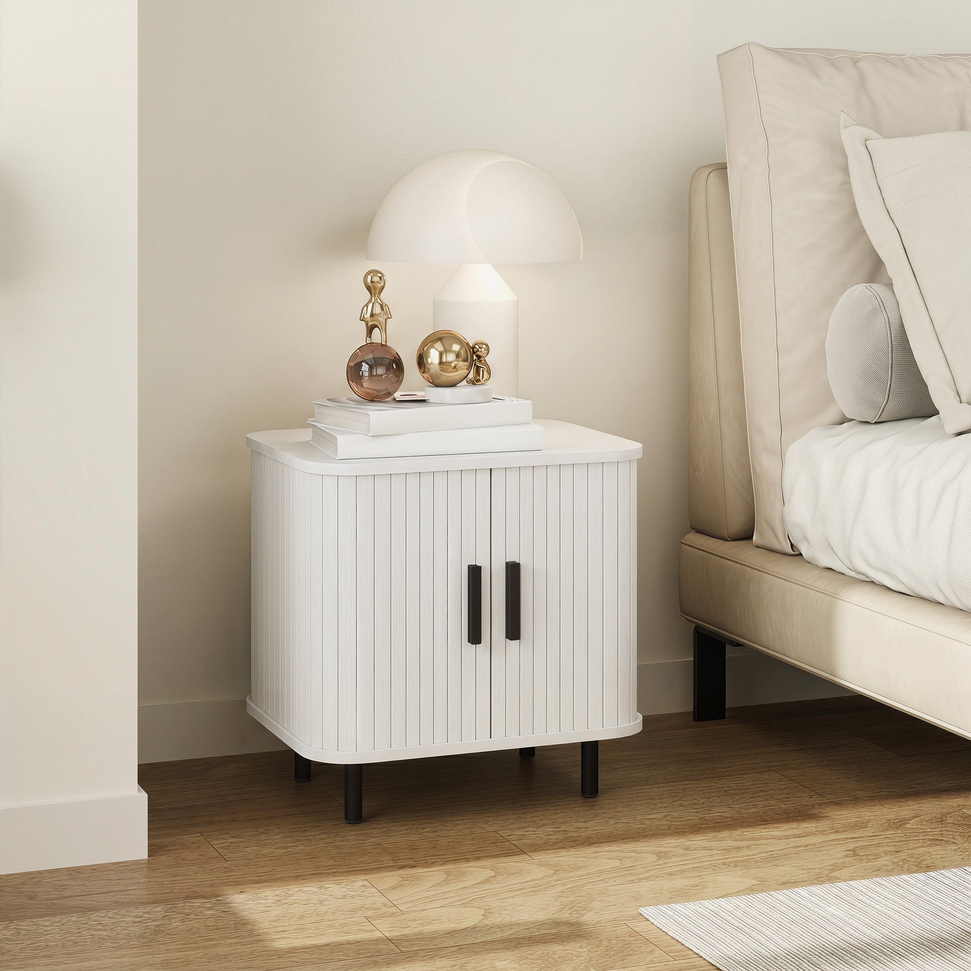Bedside Table, Nordic Side Table with Roller Shutter Style Sliding Doors and Metal Legs for Bedroom, Living Room, White Wood Effect