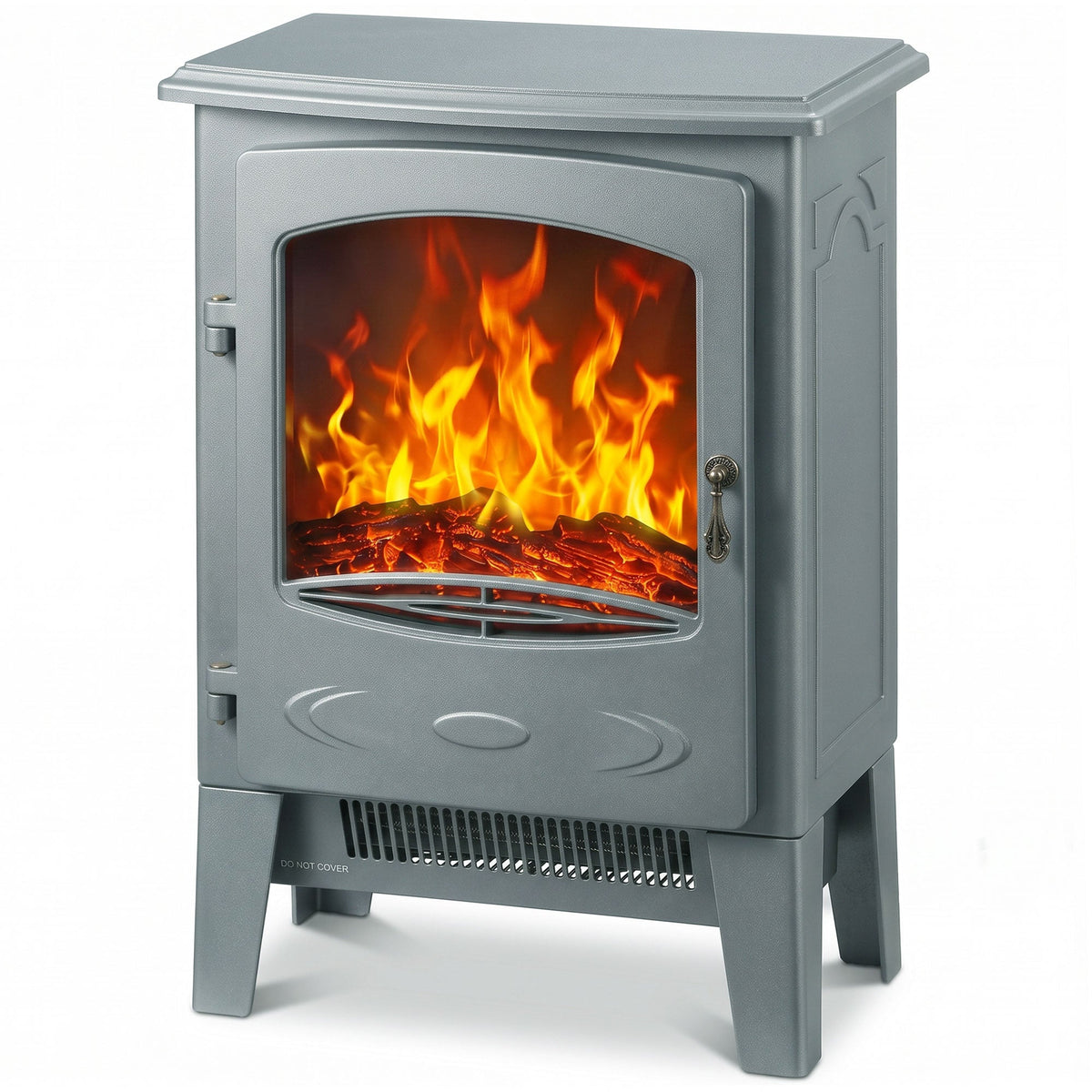Electric Fireplace Stove, Freestanding Log Burner, 1000W/2000W, Portable Electric Fire Fan Heater with LED Flame Effect, Adjustable Thermostat, Tempered Glass, Overheat Protection， Grey