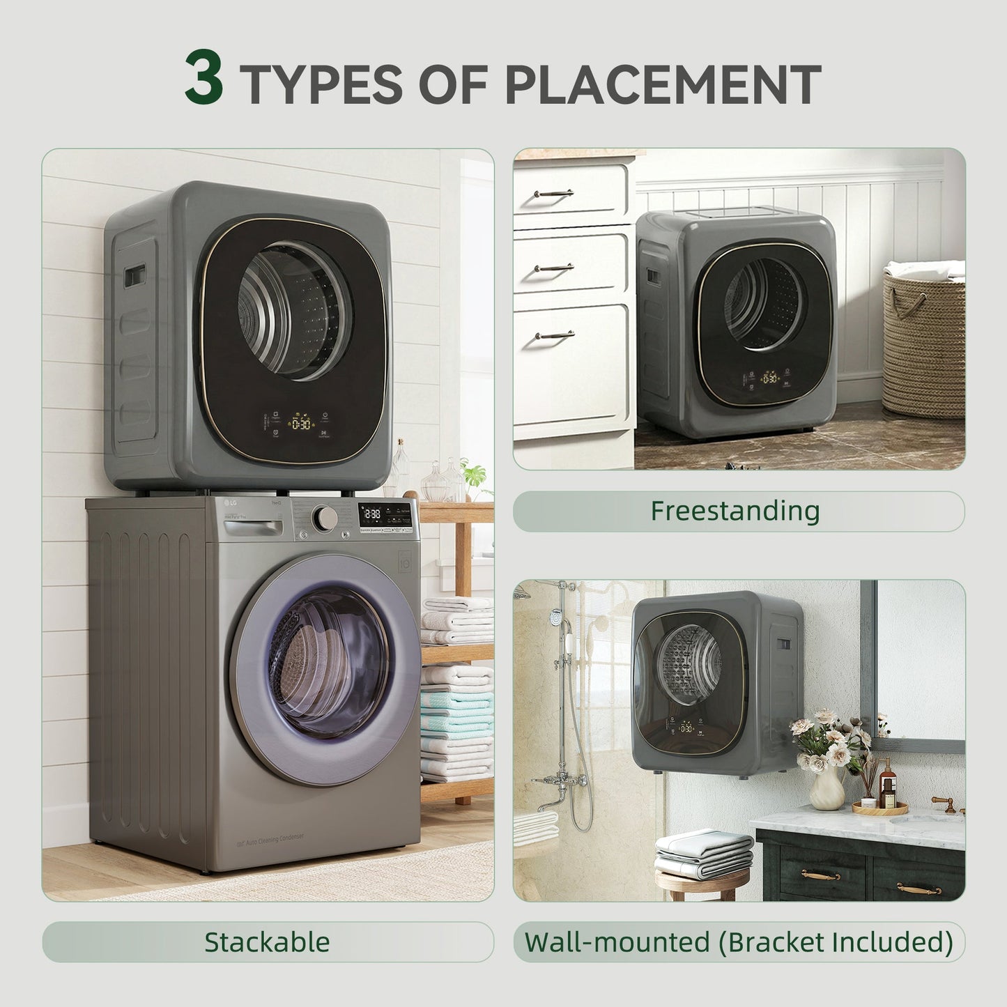 4kg Vented Tumble Dryer, 800W Compact Freestanding Front Tumble Dryer with 5 Drying Mode, Smart Sensor, Timer and Stainless Steel Tub, Wall-Mounted Portable Small Clothes Drying Machine, Grey