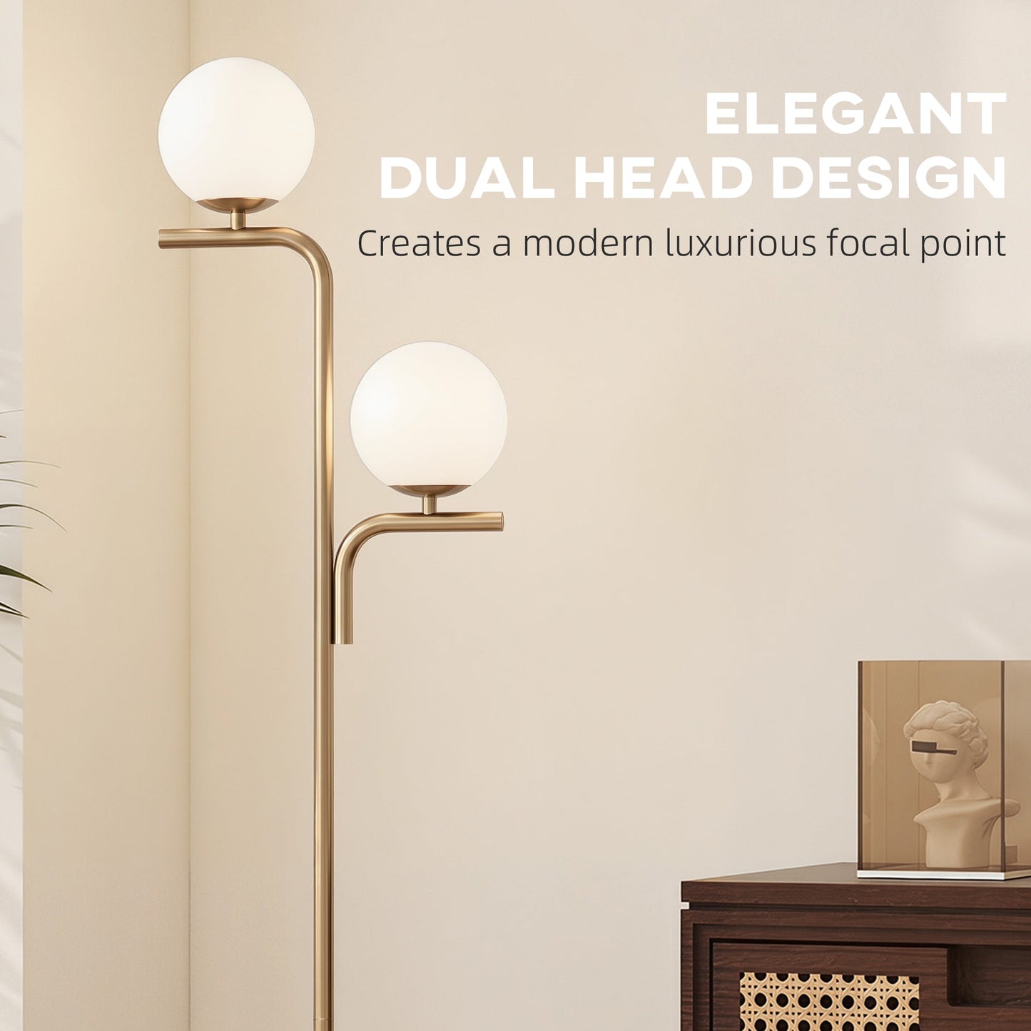 LED Floor Lamp, Modern Standing Lamp with 3 Colour Temperatures, Globe Glass Shades and Foot Switch, for Living Room Bedroom Home Office, Gold Tone