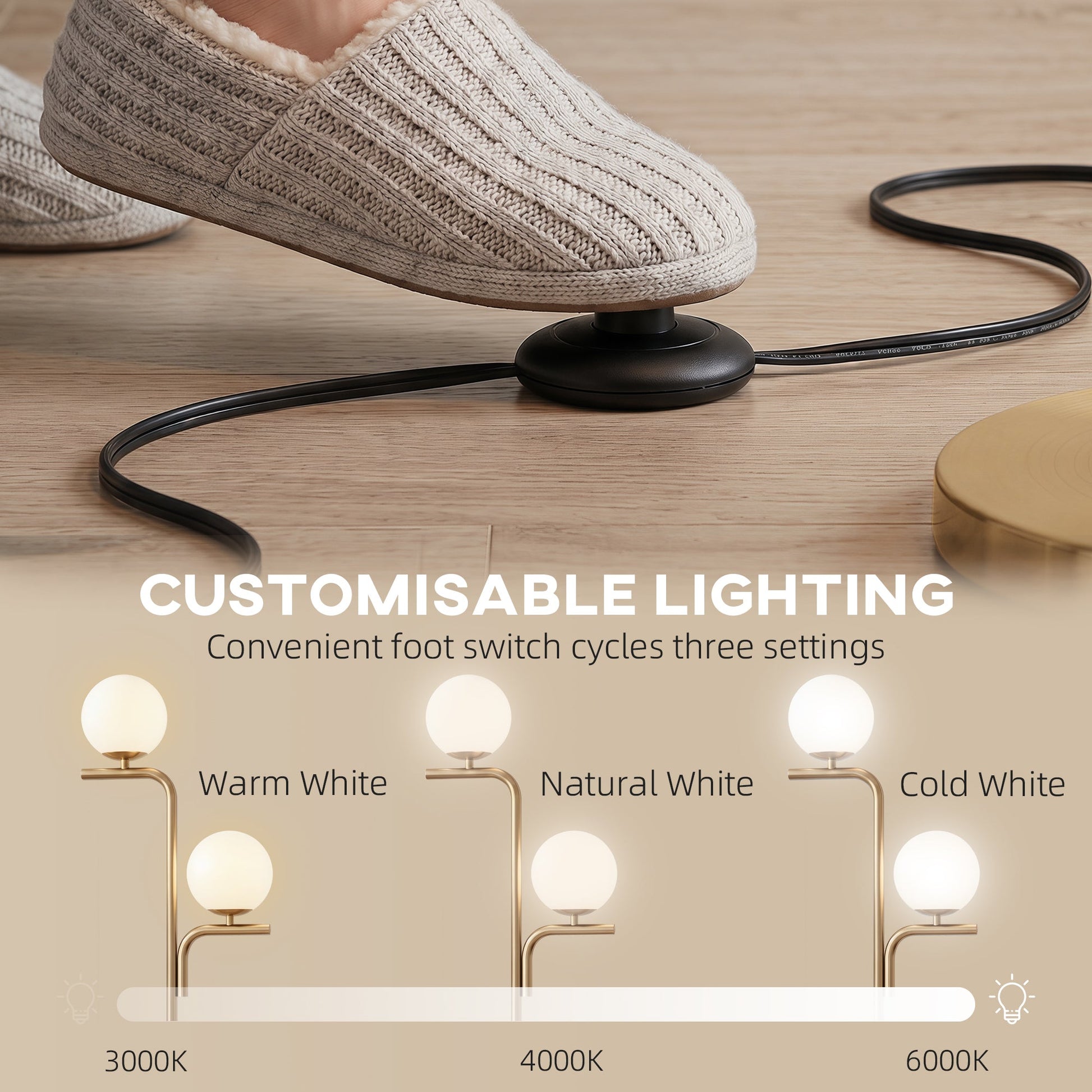 LED Floor Lamp, Modern Standing Lamp with 3 Colour Temperatures, Globe Glass Shades and Foot Switch, for Living Room Bedroom Home Office, Gold Tone