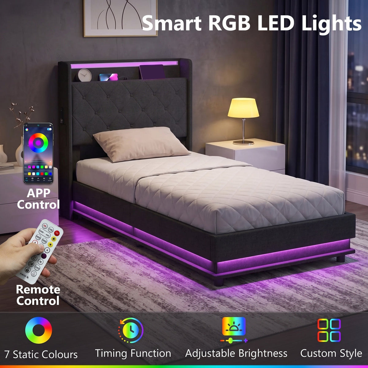 3ft Single Ottoman Bed Frame with Hydraulic Storage, APP Control LED Lights and Charging Station, Upholstered Lift Up Storage Bed Frame with Headboard, No Box Spring Needed, Black