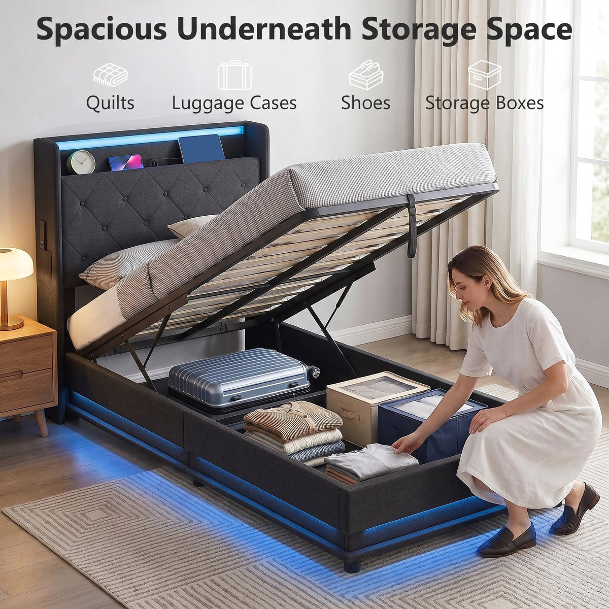 3ft Single Ottoman Bed Frame with Hydraulic Storage, APP Control LED Lights and Charging Station, Upholstered Lift Up Storage Bed Frame with Headboard, No Box Spring Needed, Black