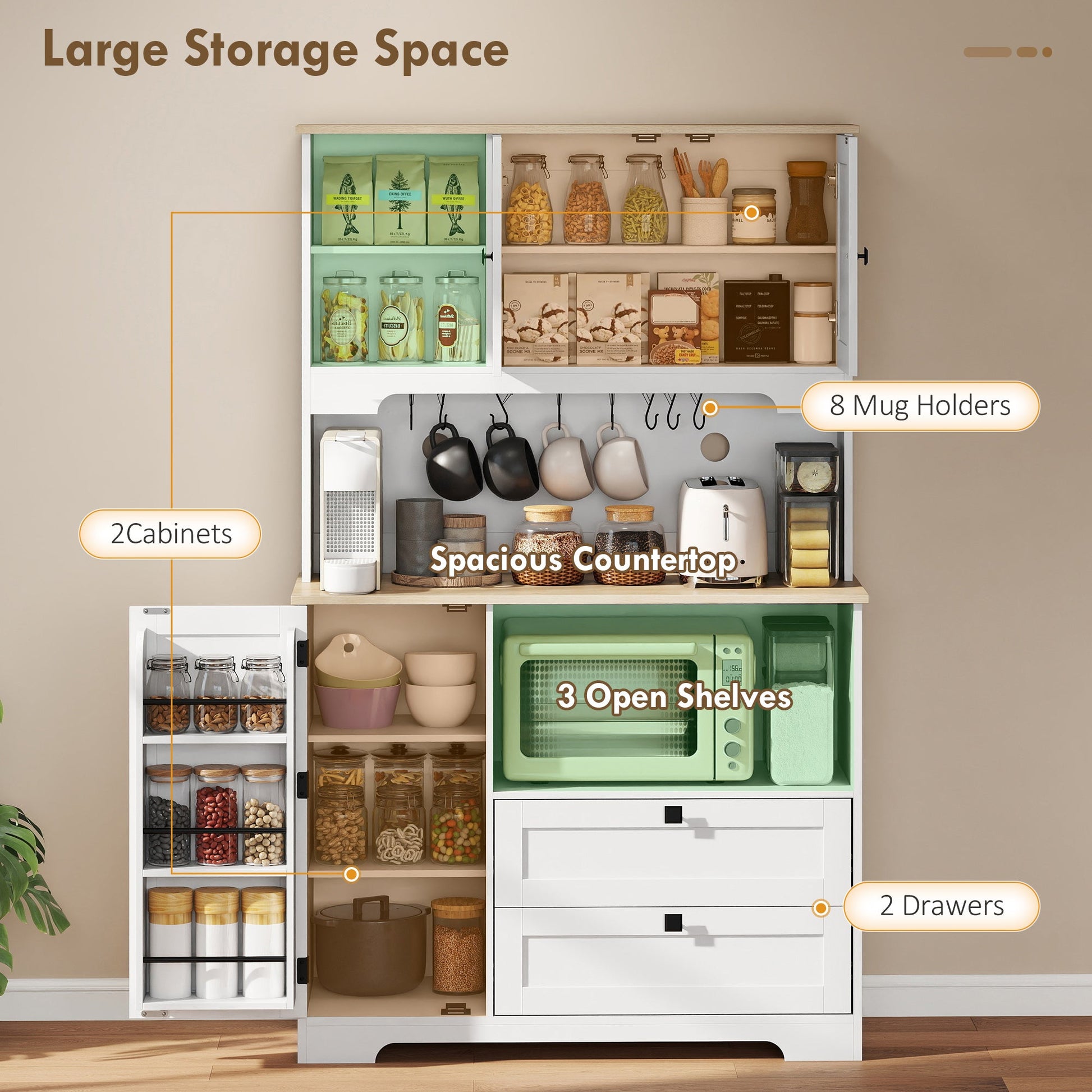 Kitchen Cupboard, Freestanding Kitchen Cabinet with 2 Cabinets, 2 Drawers, Open and Adjustable Shelves, Microwave Stand, Pantry Storage Cupboard for Dining Room and Living Room, White