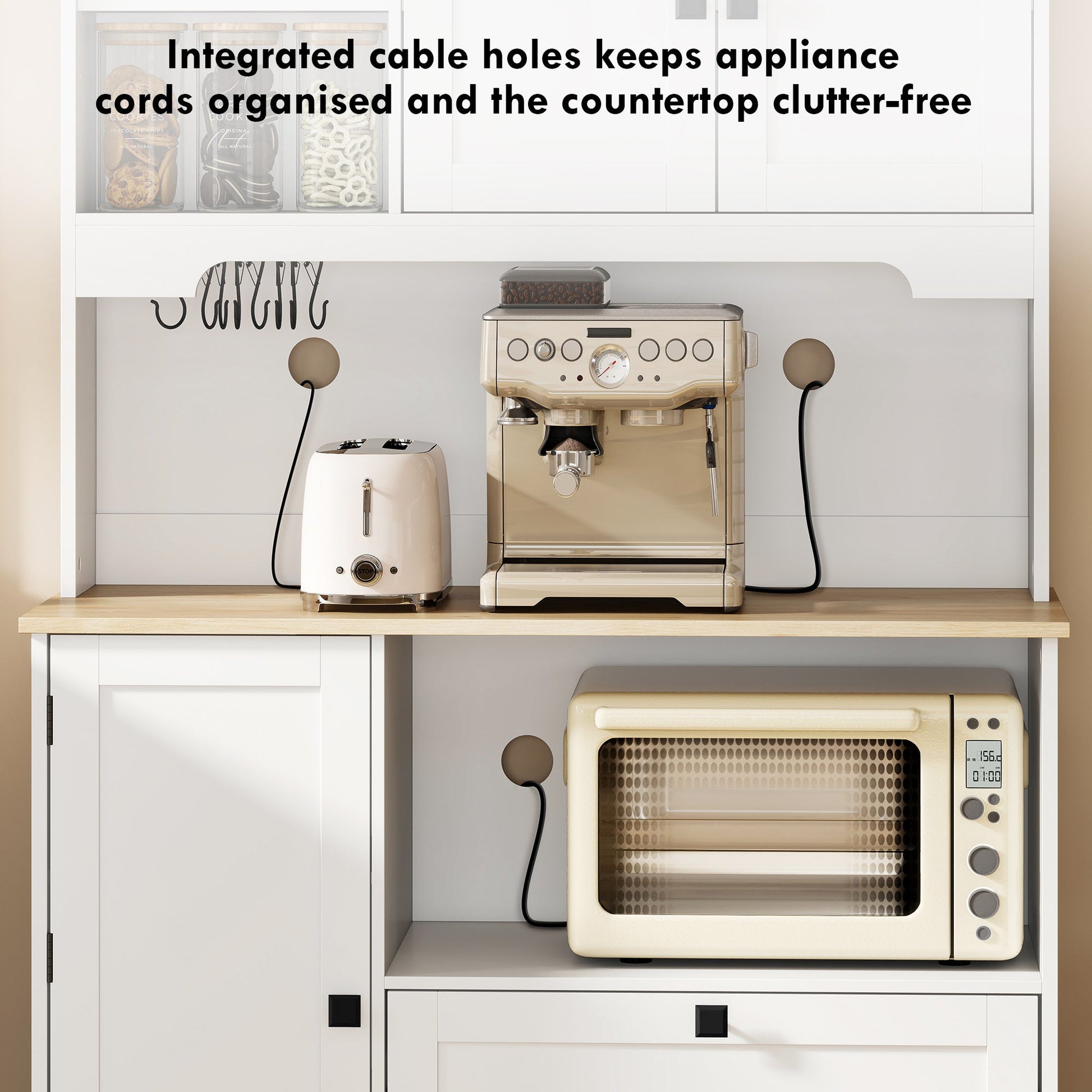 Kitchen Cupboard, Freestanding Kitchen Cabinet with 2 Cabinets, 2 Drawers, Open and Adjustable Shelves, Microwave Stand, Pantry Storage Cupboard for Dining Room and Living Room, White