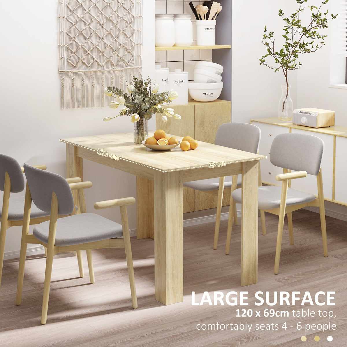 Dining Table for 4 to 6, 120W x 69D x 75H cm, Modern Kitchen Table with Wood Effect Tabletop for Dining Room, Kitchen, Living Room, Oak