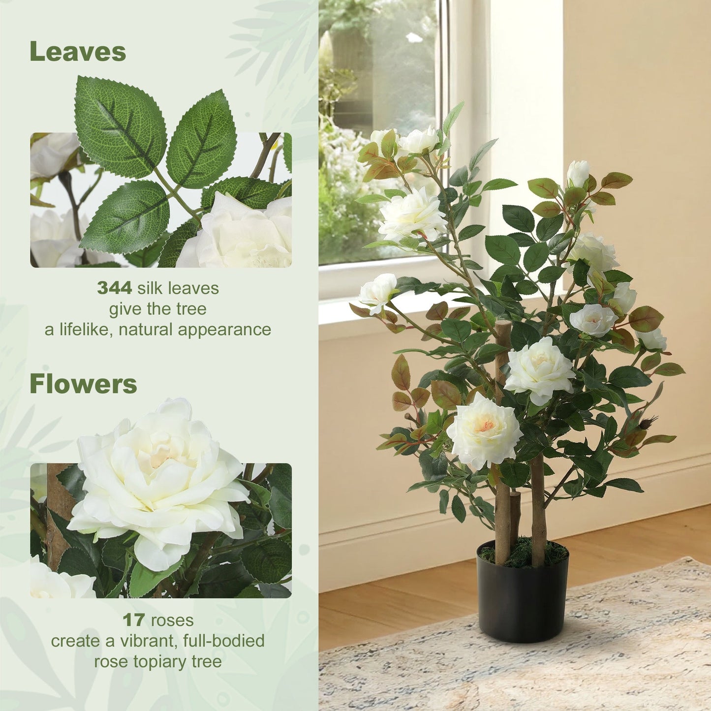 90cm Artificial Rose Tree, Decorative Fake Plant with 344 Silk Leaves and 17 Flowers, UV-Resistant Faux Tree for Outdoor Indoor Garden Porch Decor, White