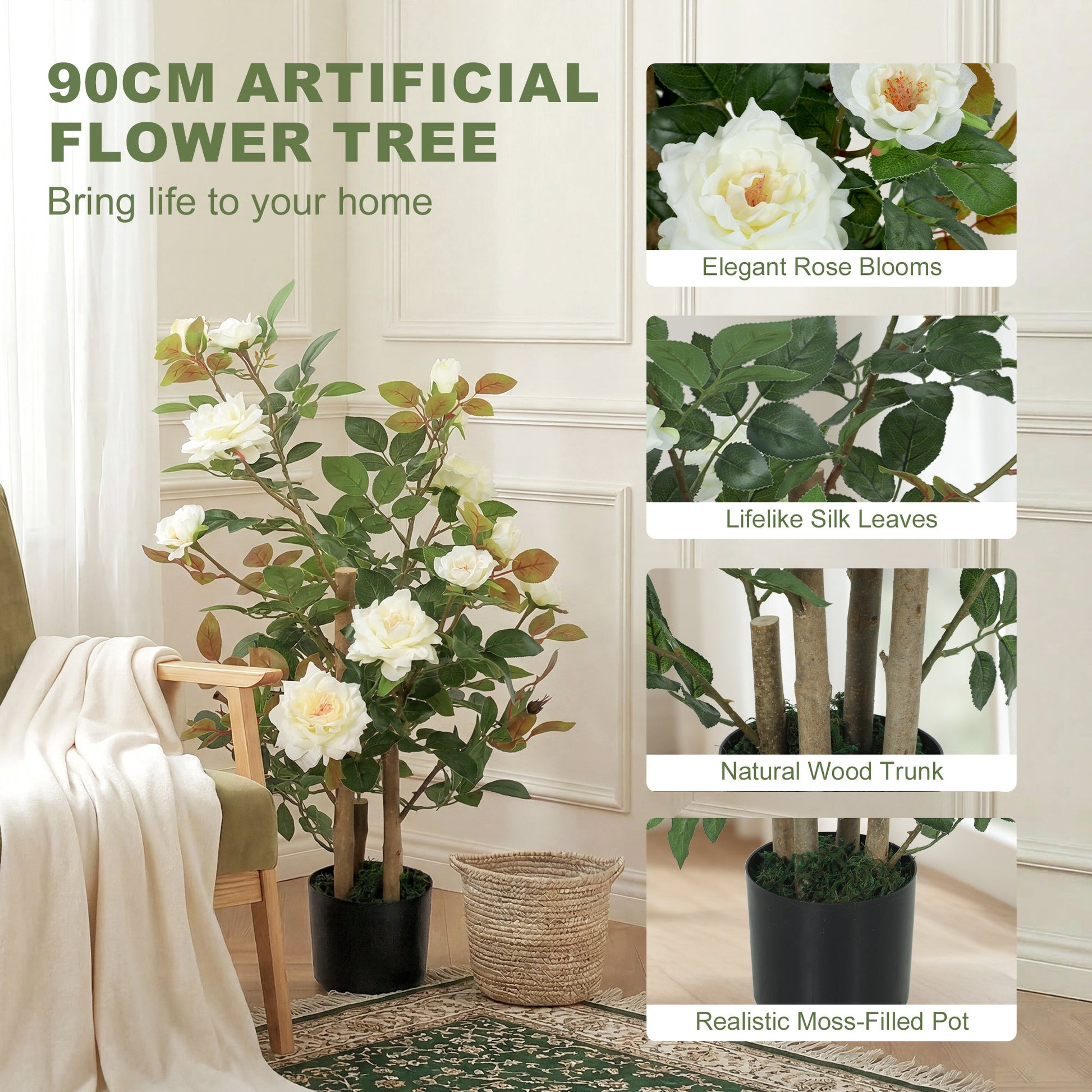 90cm Artificial Rose Tree, Decorative Fake Plant with 344 Silk Leaves and 17 Flowers, UV-Resistant Faux Tree for Outdoor Indoor Garden Porch Decor, White