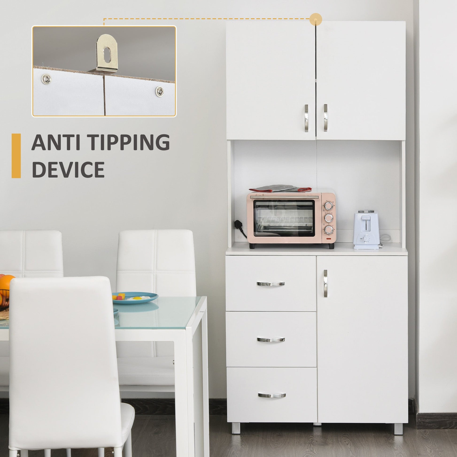 183.5cm Free standing Kitchen Cupboard, Storage Cabinet with Doors and Sheleves, 3 drawers and Open Space, Adjustable Height Storage Unit, White
