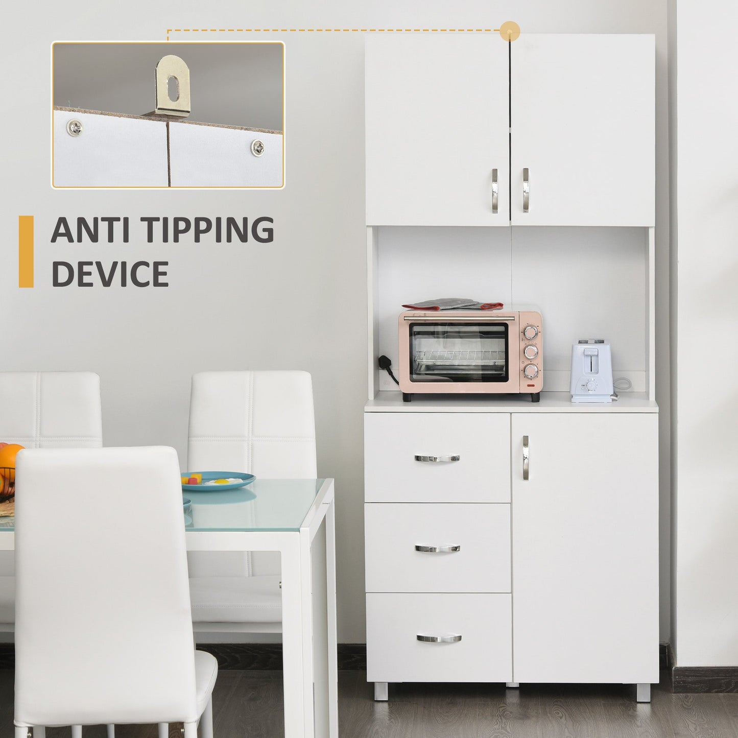 183.5cm Free standing Kitchen Cupboard, Storage Cabinet with Doors and Sheleves, 3 drawers and Open Space, Adjustable Height Storage Unit, White