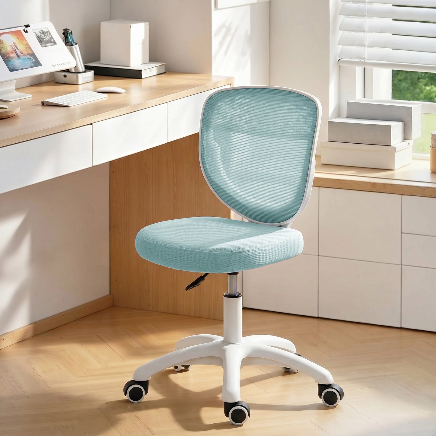 Ergonomic Office Chair, Armless Computer Desk Chair with Breathable Mesh Back, Padded Seat and Swivel Wheels, Adjustable Height for Home Office Study Bedroom, Light Blue