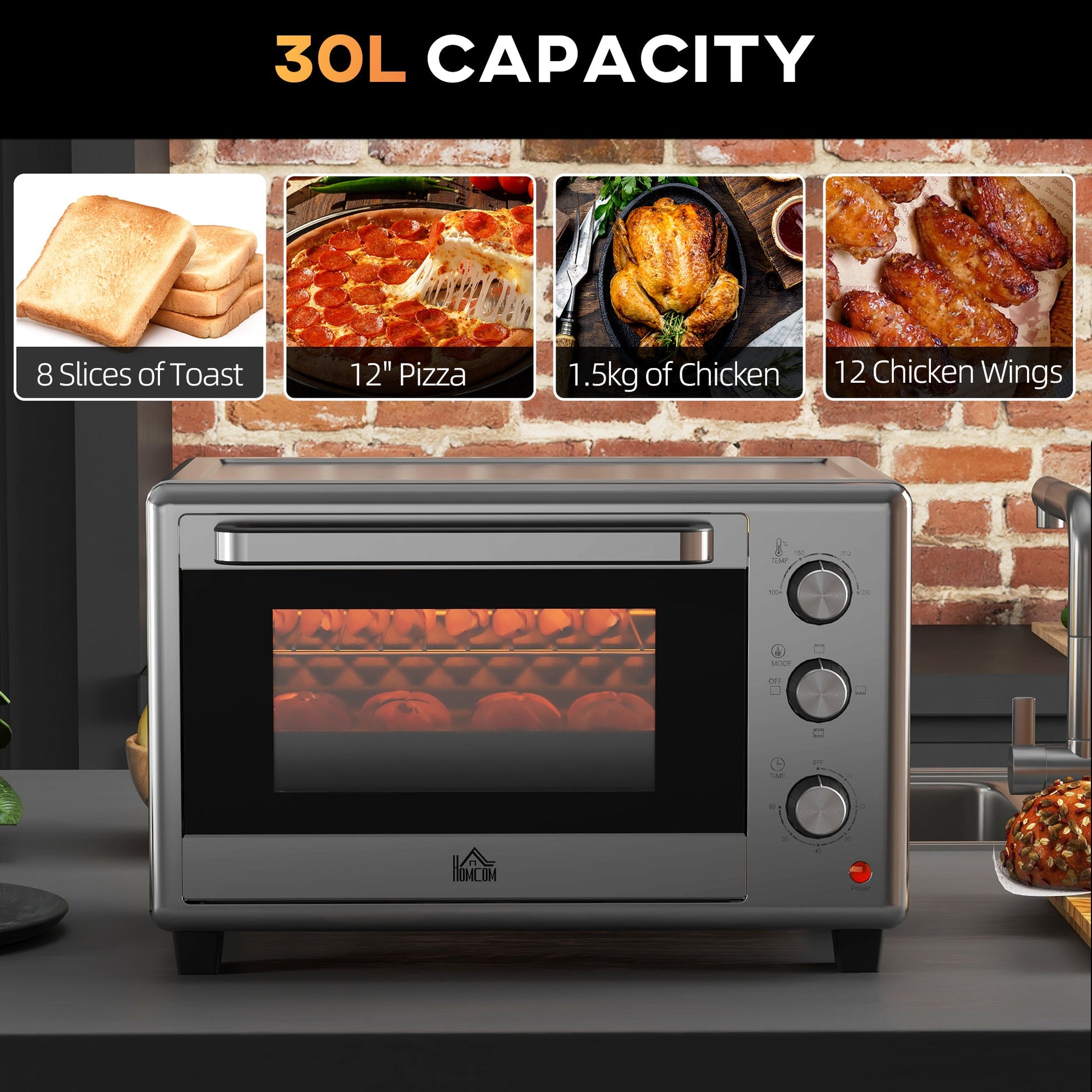 HOMCOM 30 Litre Mini Oven, Countertop Electric Cooker & Grill for Roasting, Baking, Grilling with Adjustable Temperature, 60 Min Timer, Baking Tray and Wire Rack, 1600W, Silver