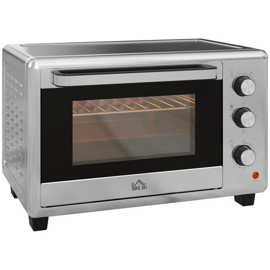 HOMCOM 30 Litre Mini Oven, Countertop Electric Cooker & Grill for Roasting, Baking, Grilling with Adjustable Temperature, 60 Min Timer, Baking Tray and Wire Rack, 1600W, Silver