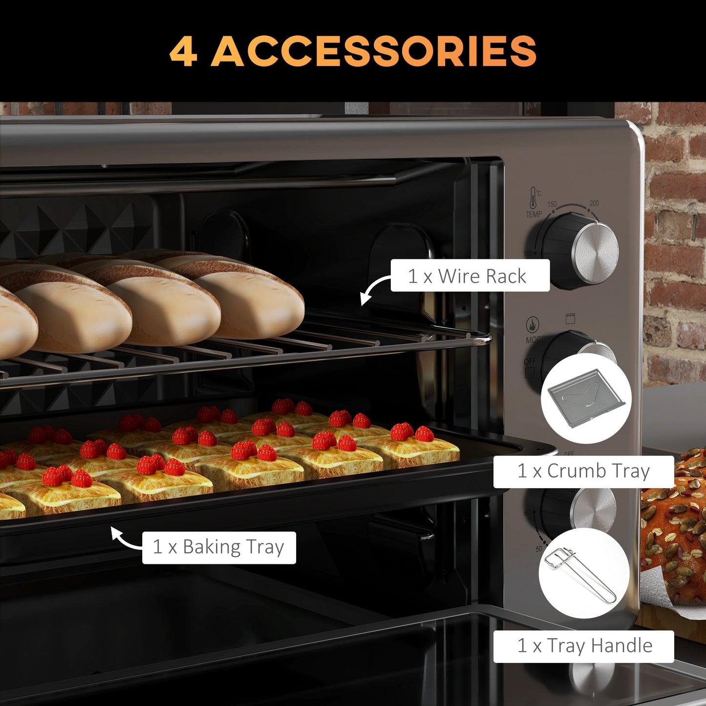 HOMCOM 30 Litre Mini Oven, Countertop Electric Cooker & Grill for Roasting, Baking, Grilling with Adjustable Temperature, 60 Min Timer, Baking Tray and Wire Rack, 1600W, Silver