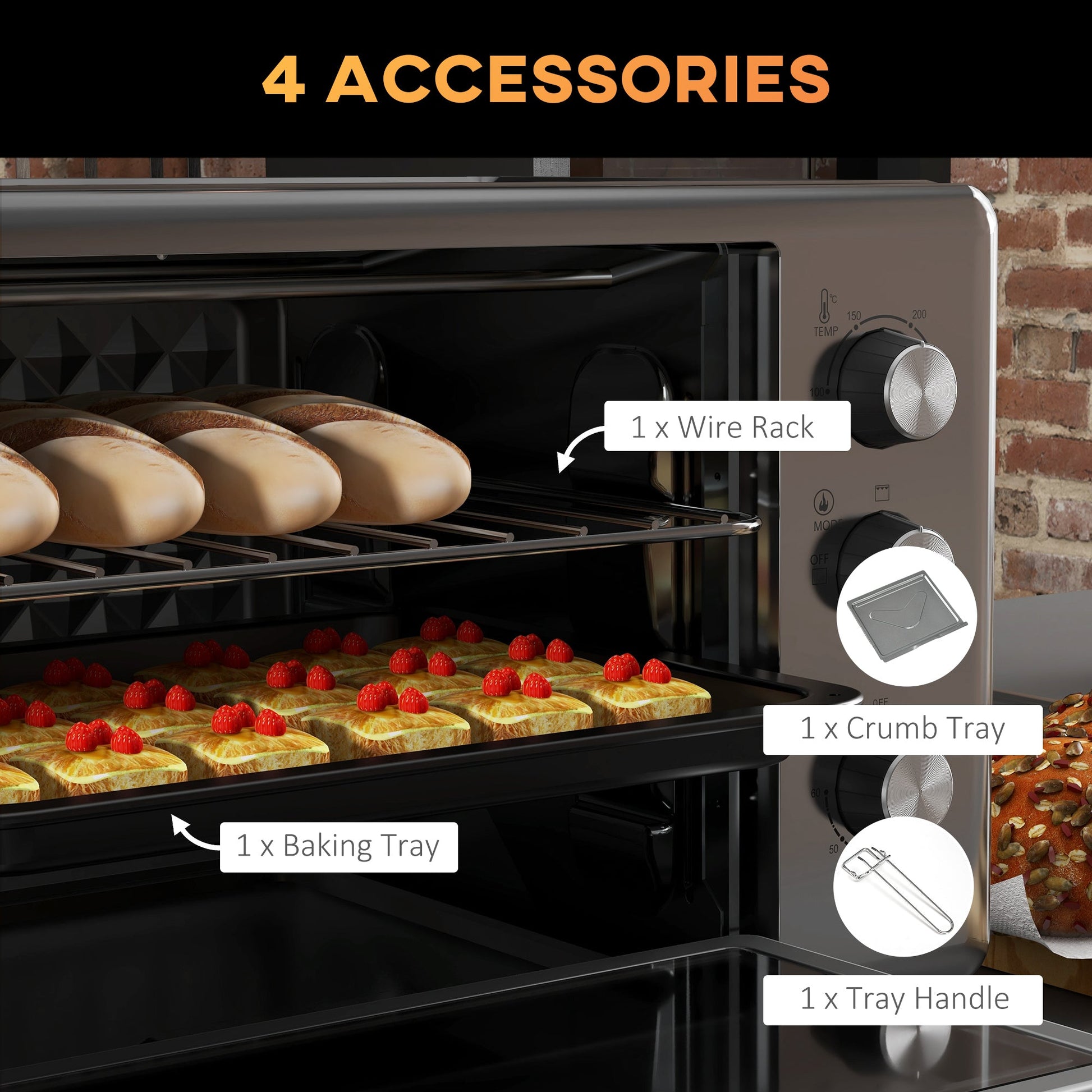 HOMCOM 30 Litre Mini Oven, Countertop Electric Cooker & Grill for Roasting, Baking, Grilling with Adjustable Temperature, 60 Min Timer, Baking Tray and Wire Rack, 1600W, Silver