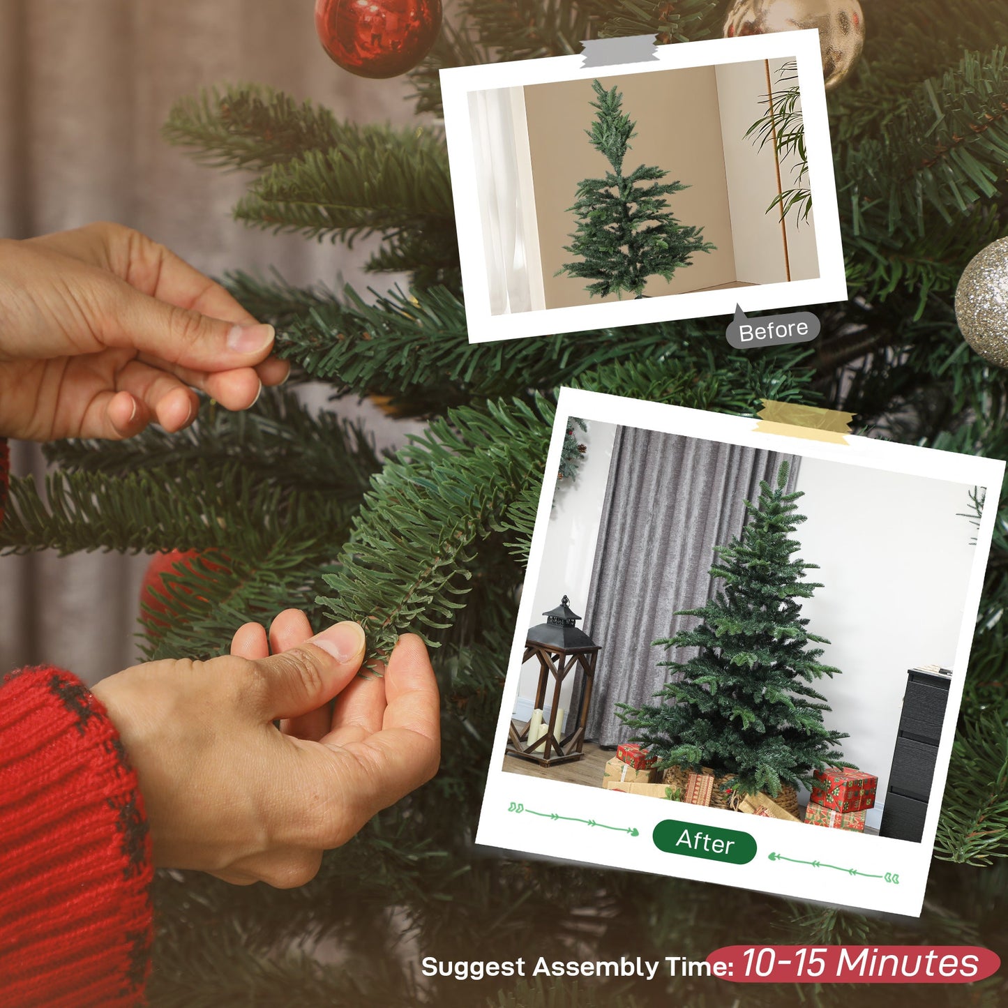 5ft Artificial Christmas Tree with Realistic Tips, Wide Shape, Hinged Xmas Tree with Foldable Metal Stand for Home Decoration, Flame-Retardant, Easy Assembly, Green