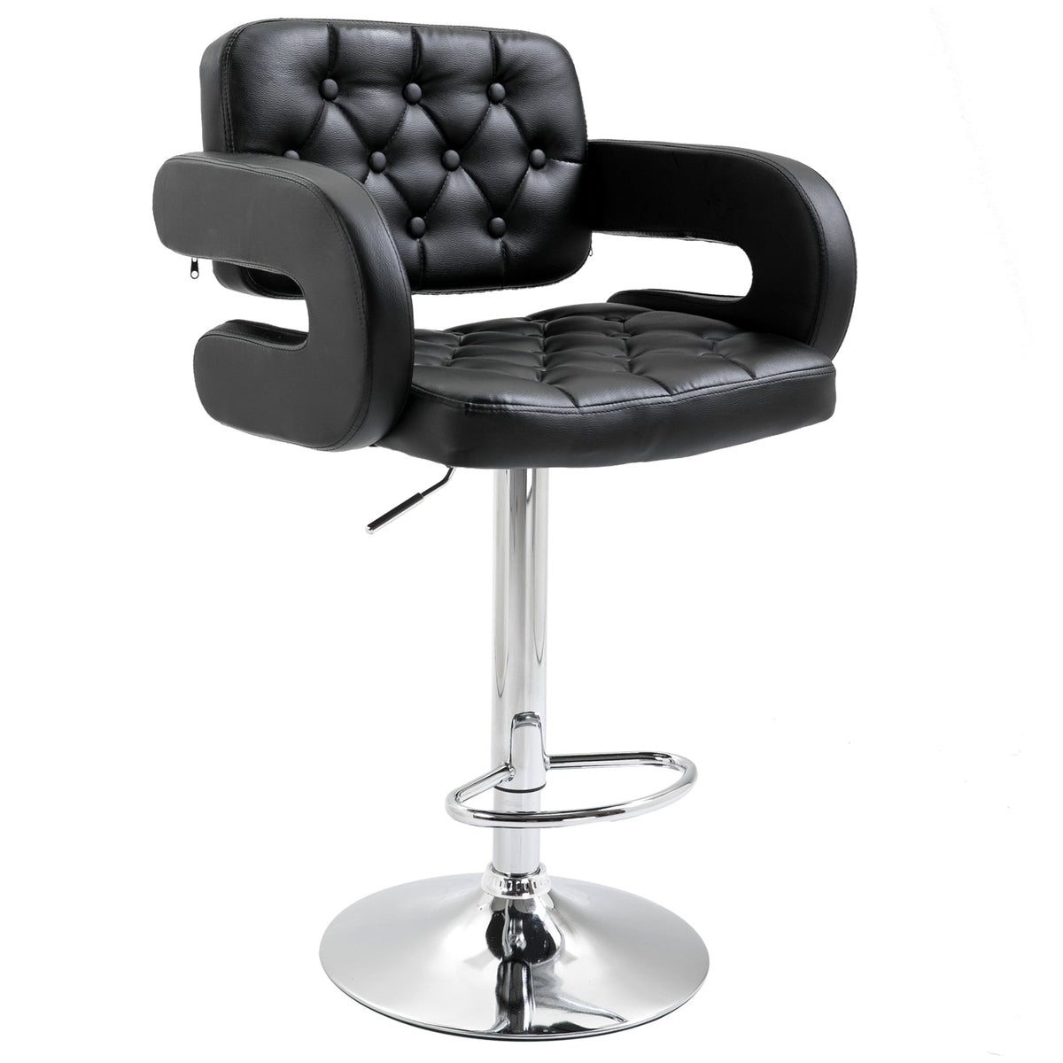 HOMCOM Swivel Bar Stool with Extra Large Seat, PU Leather Upholstered Adjustable Barstool with Back, Arm and Footrest, Breakfast Bar Chair for Bistro, Kitchen, Black