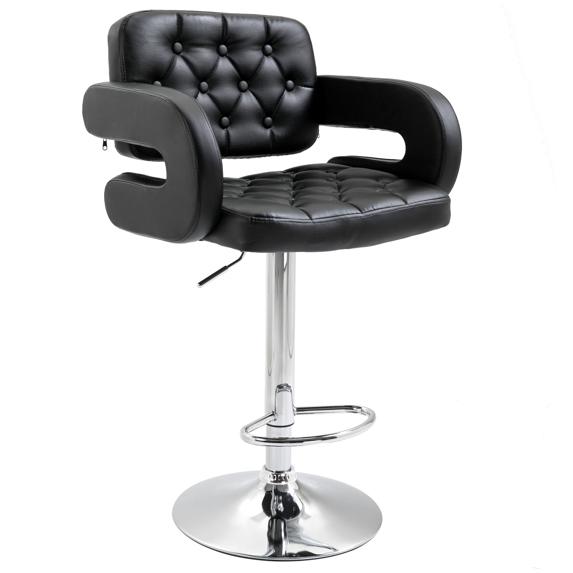HOMCOM Swivel Bar Stool with Extra Large Seat, PU Leather Upholstered Adjustable Barstool with Back, Arm and Footrest, Breakfast Bar Chair for Bistro, Kitchen, Black