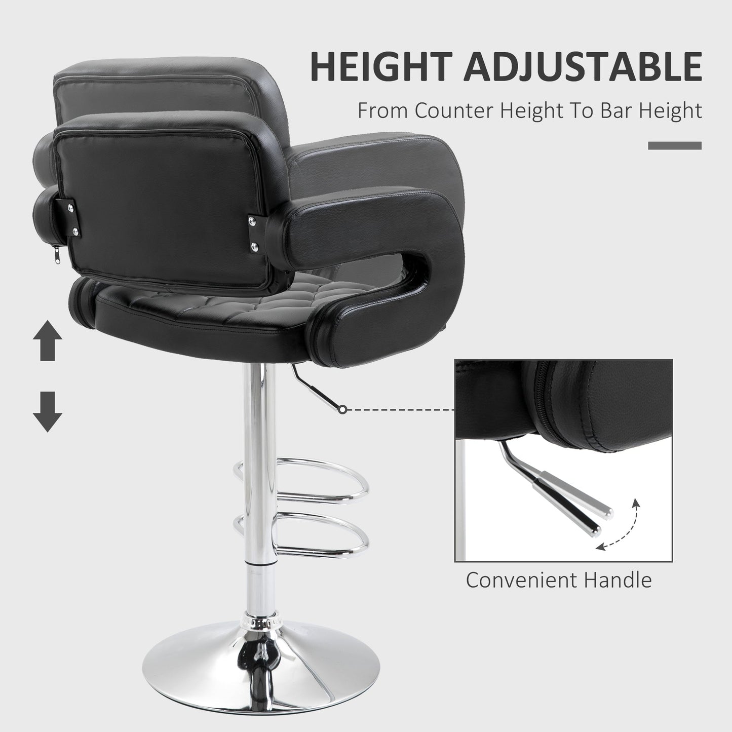 HOMCOM Swivel Bar Stool with Extra Large Seat, PU Leather Upholstered Adjustable Barstool with Back, Arm and Footrest, Breakfast Bar Chair for Bistro, Kitchen, Black