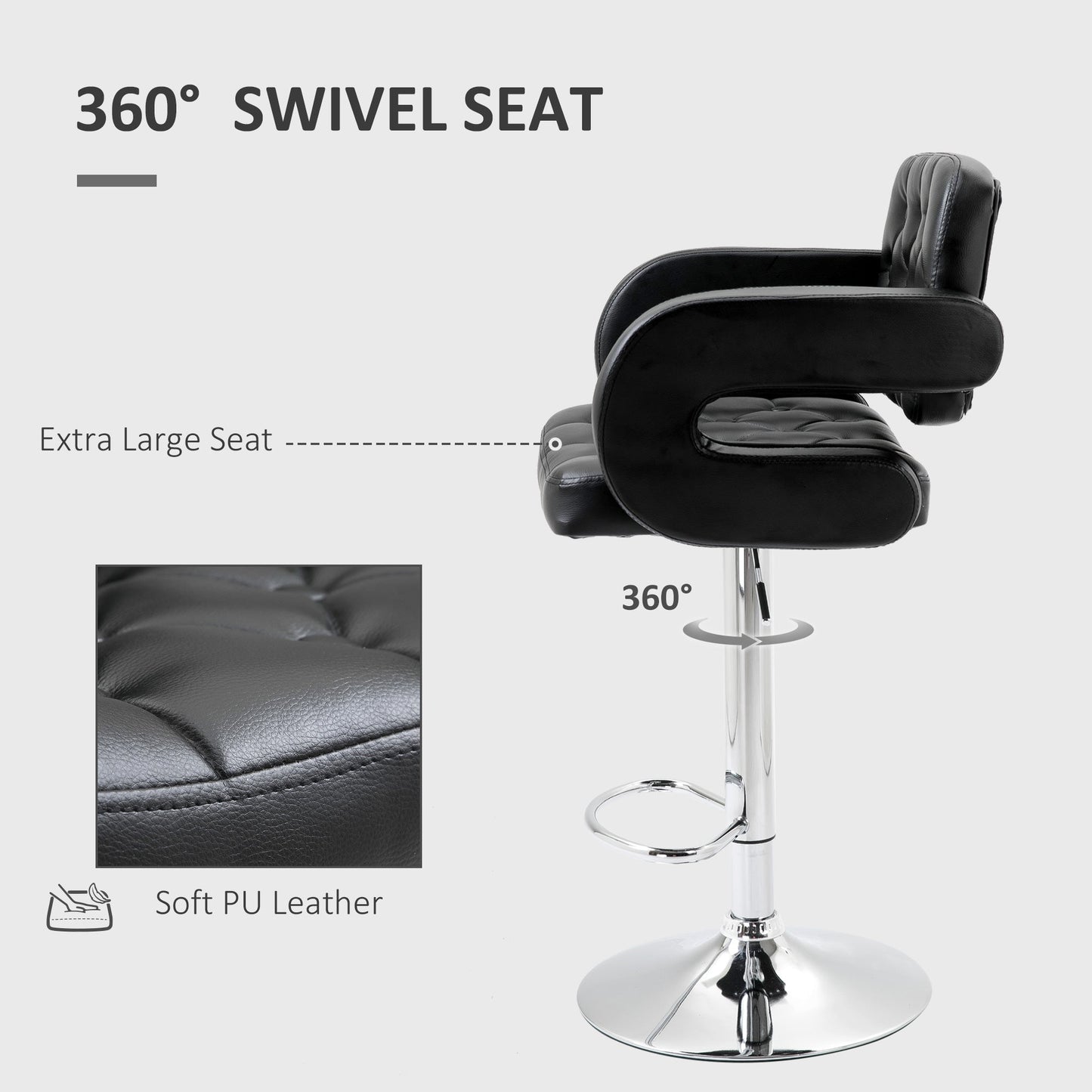 HOMCOM Swivel Bar Stool with Extra Large Seat, PU Leather Upholstered Adjustable Barstool with Back, Arm and Footrest, Breakfast Bar Chair for Bistro, Kitchen, Black