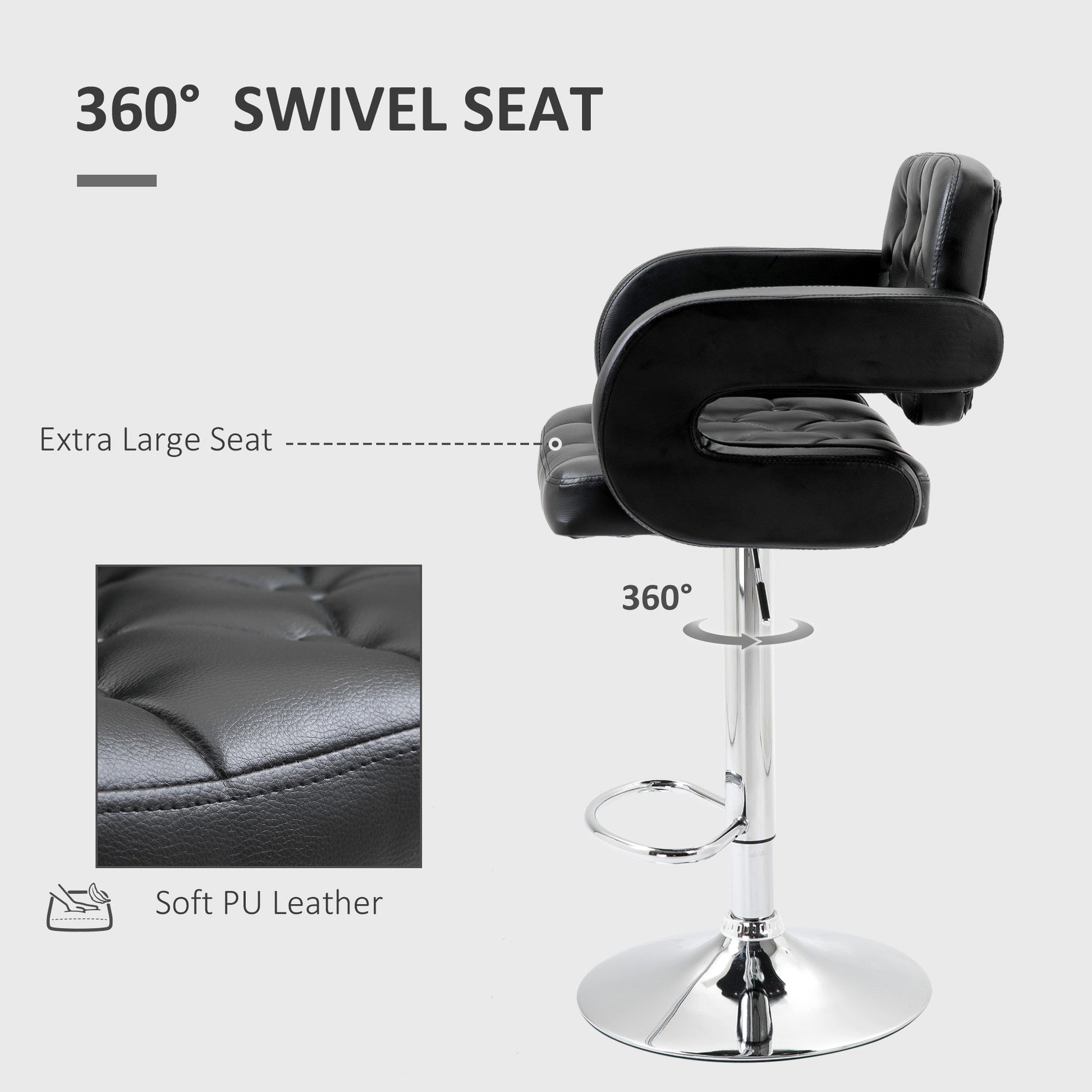 HOMCOM Swivel Bar Stool with Extra Large Seat, PU Leather Upholstered Adjustable Barstool with Back, Arm and Footrest, Breakfast Bar Chair for Bistro, Kitchen, Black