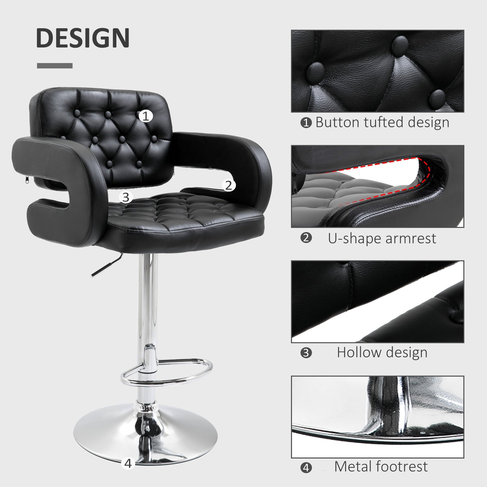 HOMCOM Swivel Bar Stool with Extra Large Seat, PU Leather Upholstered Adjustable Barstool with Back, Arm and Footrest, Breakfast Bar Chair for Bistro, Kitchen, Black