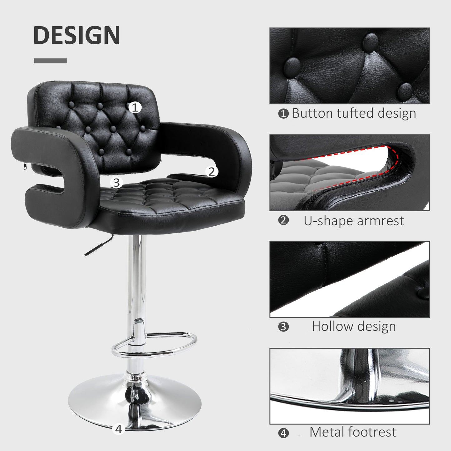 HOMCOM Swivel Bar Stool with Extra Large Seat, PU Leather Upholstered Adjustable Barstool with Back, Arm and Footrest, Breakfast Bar Chair for Bistro, Kitchen, Black