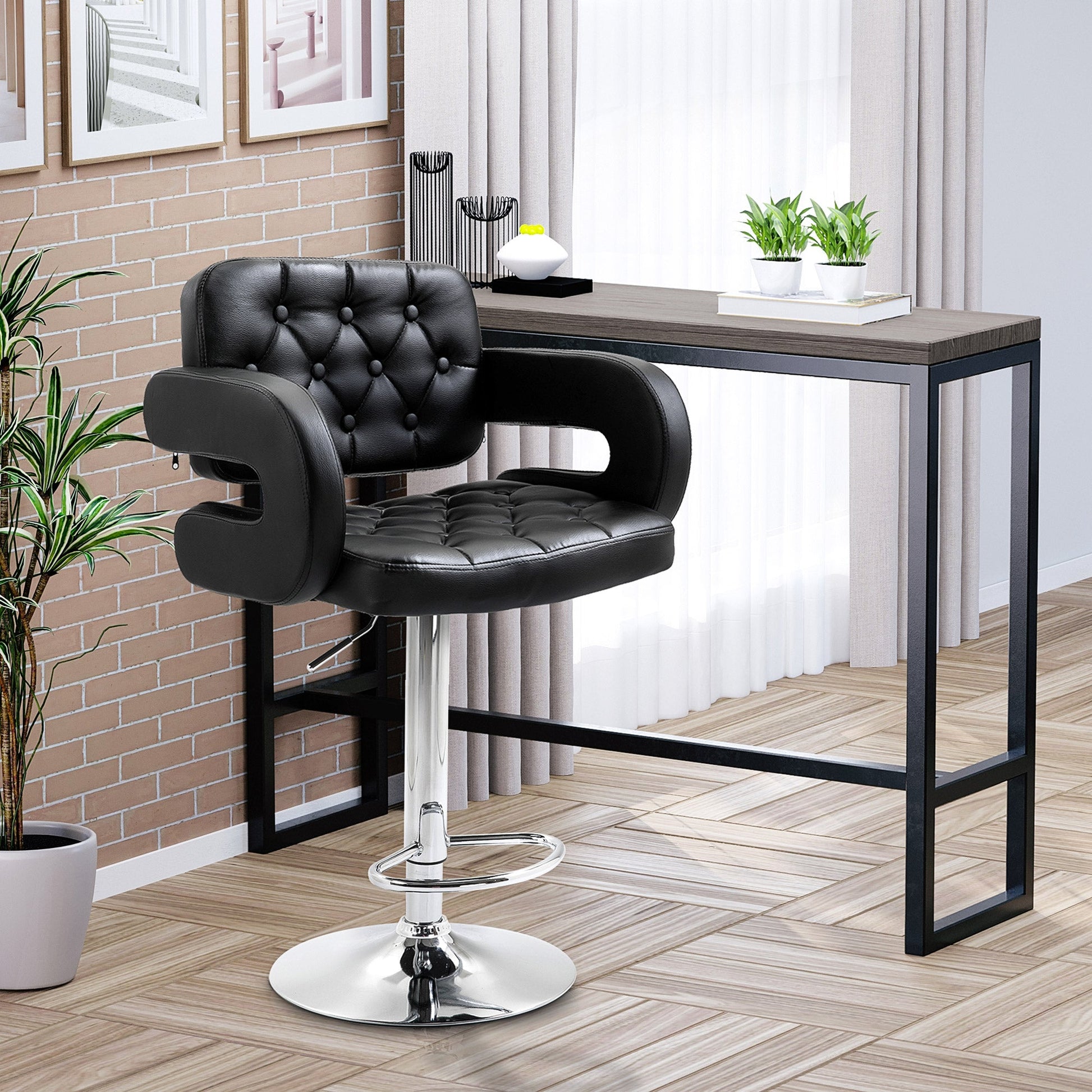 HOMCOM Swivel Bar Stool with Extra Large Seat, PU Leather Upholstered Adjustable Barstool with Back, Arm and Footrest, Breakfast Bar Chair for Bistro, Kitchen, Black