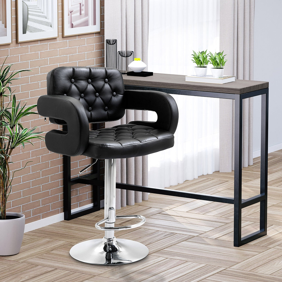 HOMCOM Swivel Bar Stool with Extra Large Seat, PU Leather Upholstered Adjustable Barstool with Back, Arm and Footrest, Breakfast Bar Chair for Bistro, Kitchen, Black