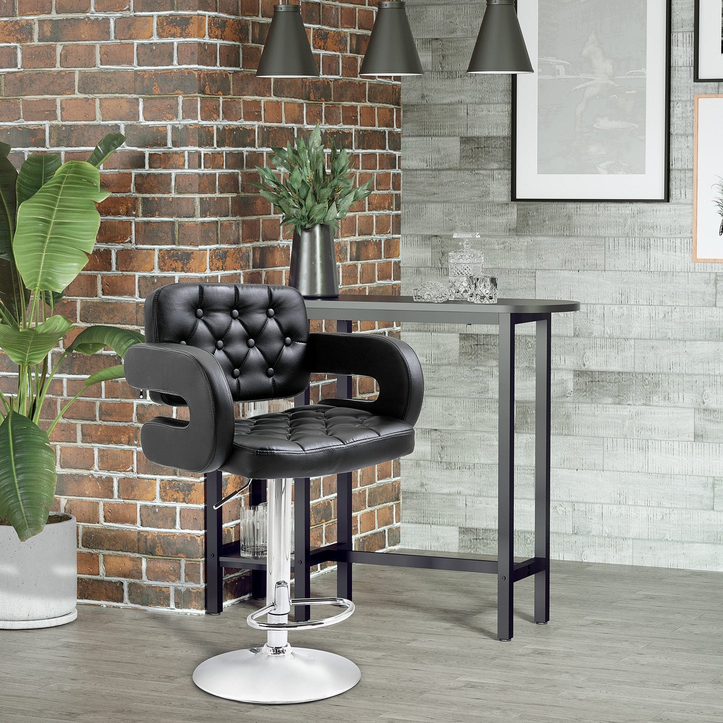 HOMCOM Swivel Bar Stool with Extra Large Seat, PU Leather Upholstered Adjustable Barstool with Back, Arm and Footrest, Breakfast Bar Chair for Bistro, Kitchen, Black