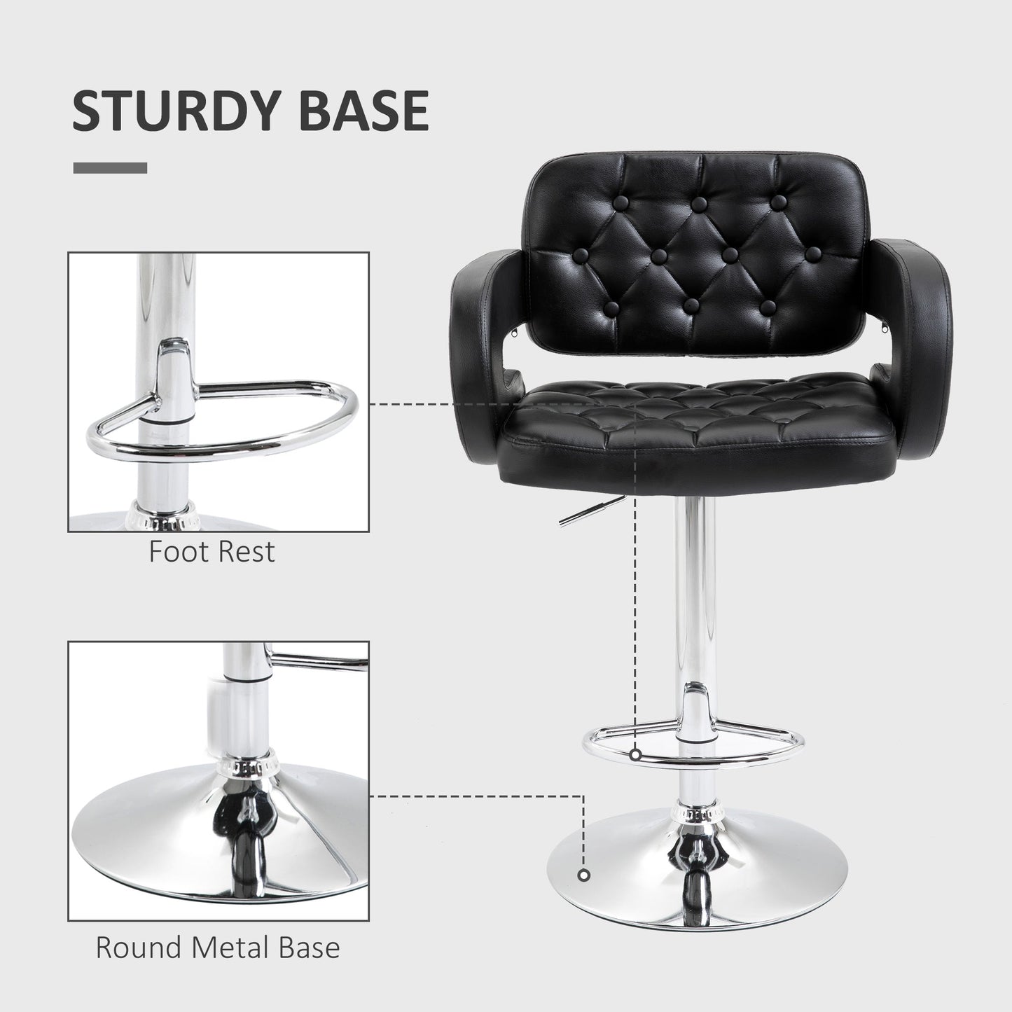 HOMCOM Swivel Bar Stool with Extra Large Seat, PU Leather Upholstered Adjustable Barstool with Back, Arm and Footrest, Breakfast Bar Chair for Bistro, Kitchen, Black