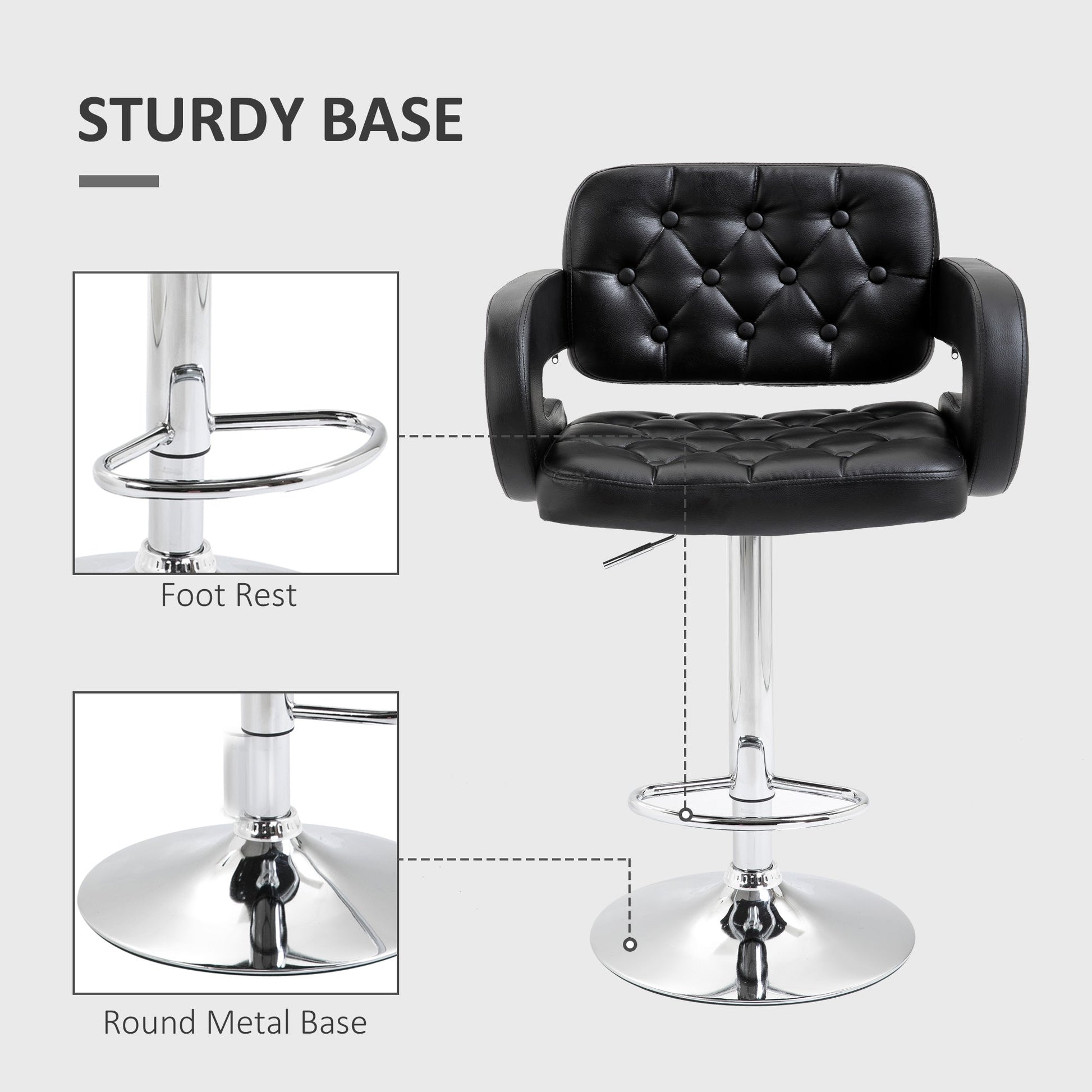 HOMCOM Swivel Bar Stool with Extra Large Seat, PU Leather Upholstered Adjustable Barstool with Back, Arm and Footrest, Breakfast Bar Chair for Bistro, Kitchen, Black