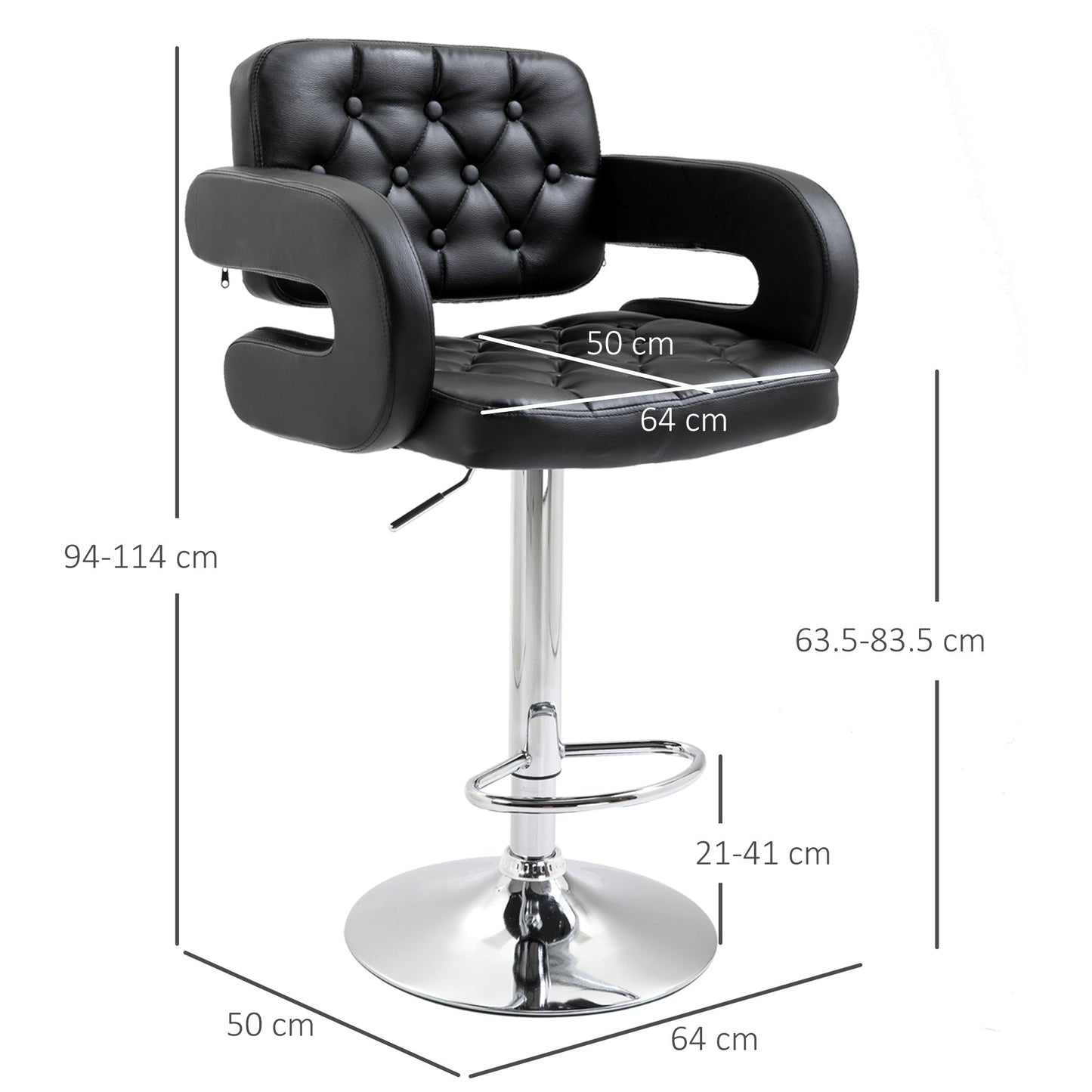 HOMCOM Swivel Bar Stool with Extra Large Seat, PU Leather Upholstered Adjustable Barstool with Back, Arm and Footrest, Breakfast Bar Chair for Bistro, Kitchen, Black