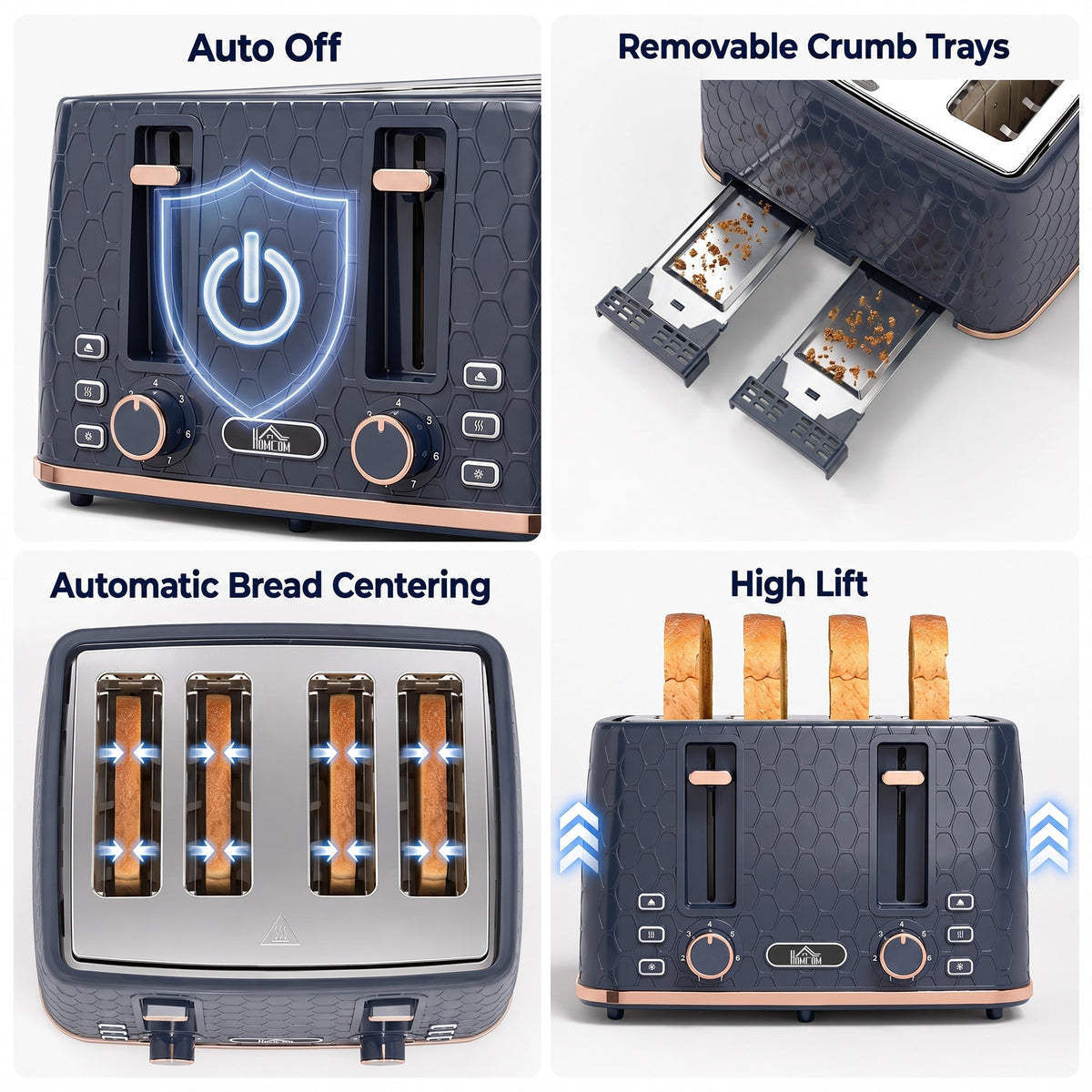 4 Slice Toaster with 7 Browning Levels, High Lift, Reheat/Defrost/Cancel, Self-centring Function, Removable Crumb Tray, 1860W, Honeycomb Texture, Dark Blue