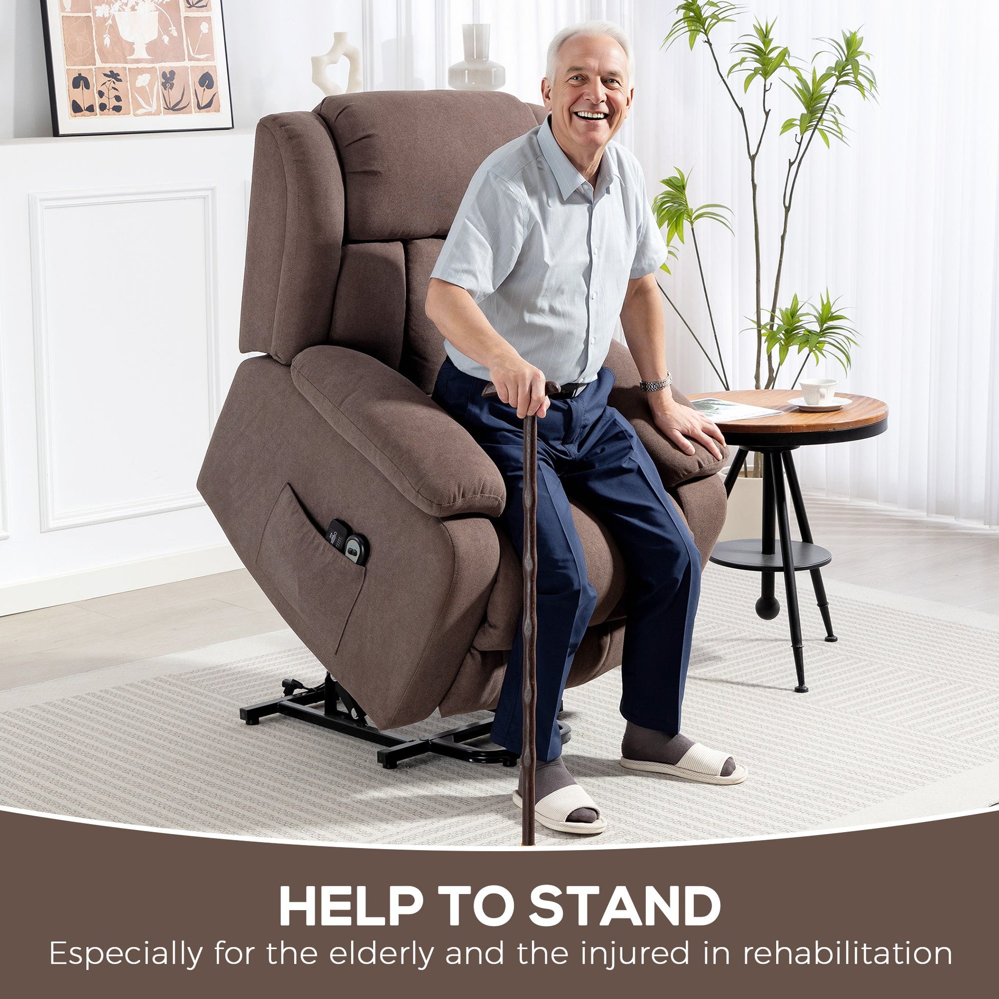 Power Lift Recliner Chair with Massage, Linen Overstuffed Lift Chair for Elderly, Electric Recliner Armchair with Footrest, Remote Control and Side Pocket, for Living Room, Dark Brown