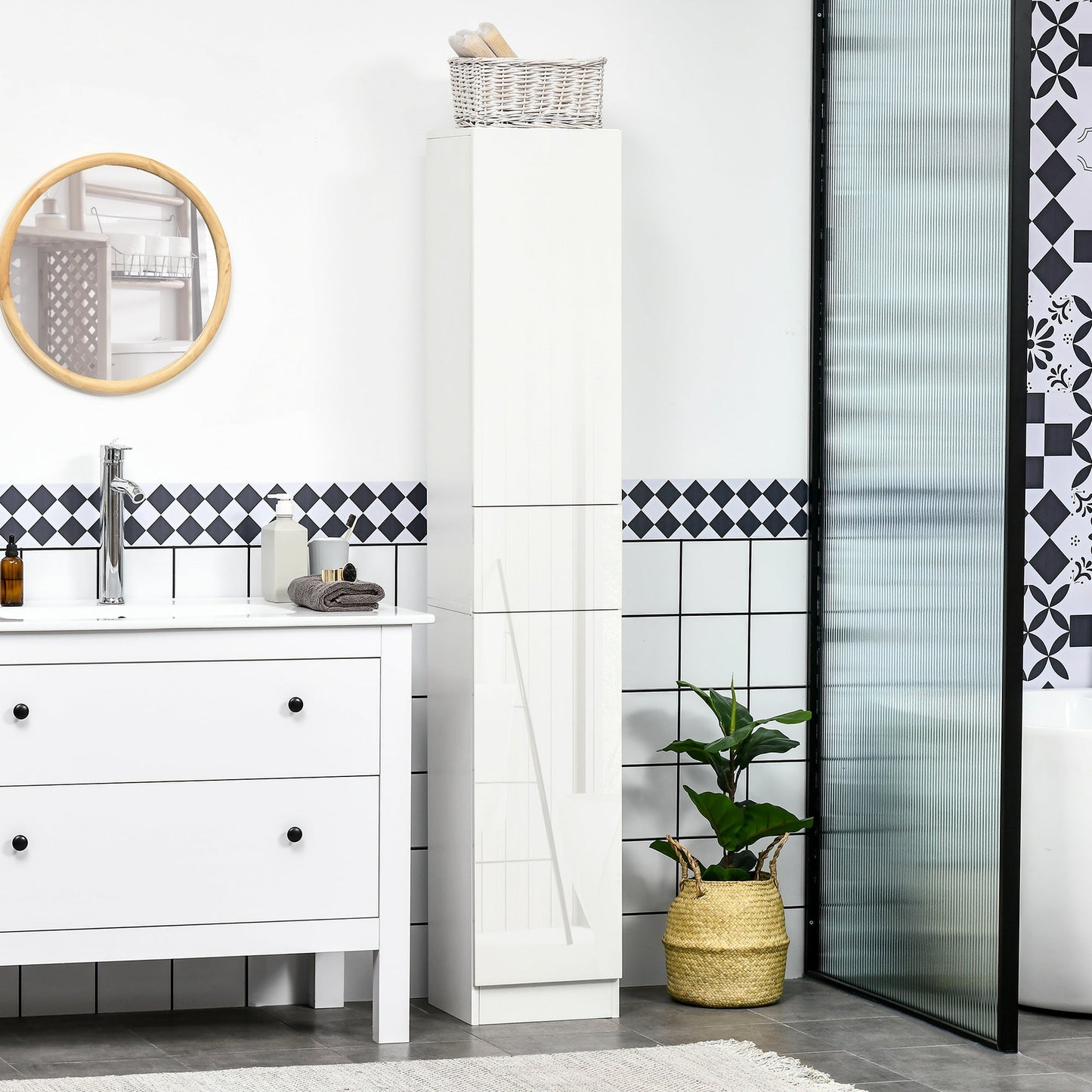 kleankin Tall Bathroom Cabinet with Adjustable Shelves, High Gloss Storage Cupboard, Freestanding Tallboy with Storage Drawer, White