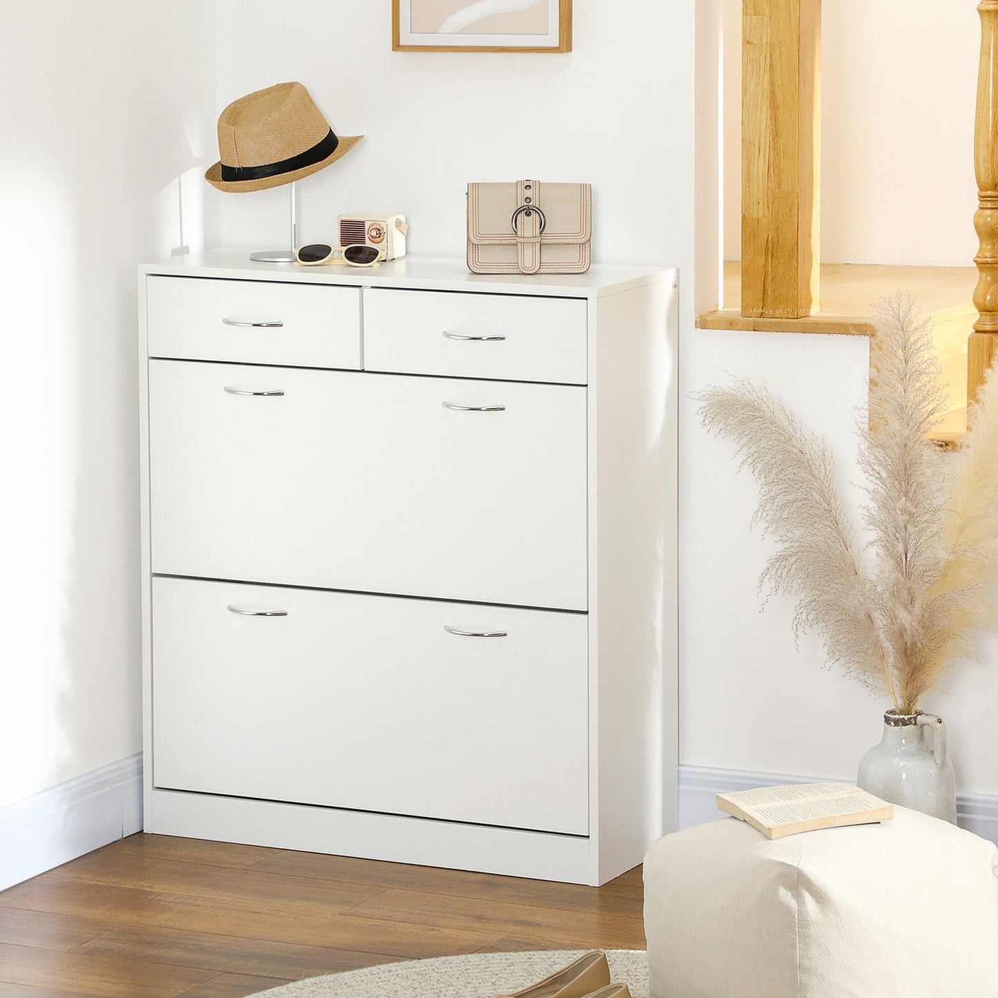 HOMCOM Narrow Shoe Cabinet, Slim Shoe Storage Cabinet with 2 Flip Drawers, 2 Slide Out Drawers and Adjustable Shelves for 12 Pairs of Shoes for Entryway Hallway, White