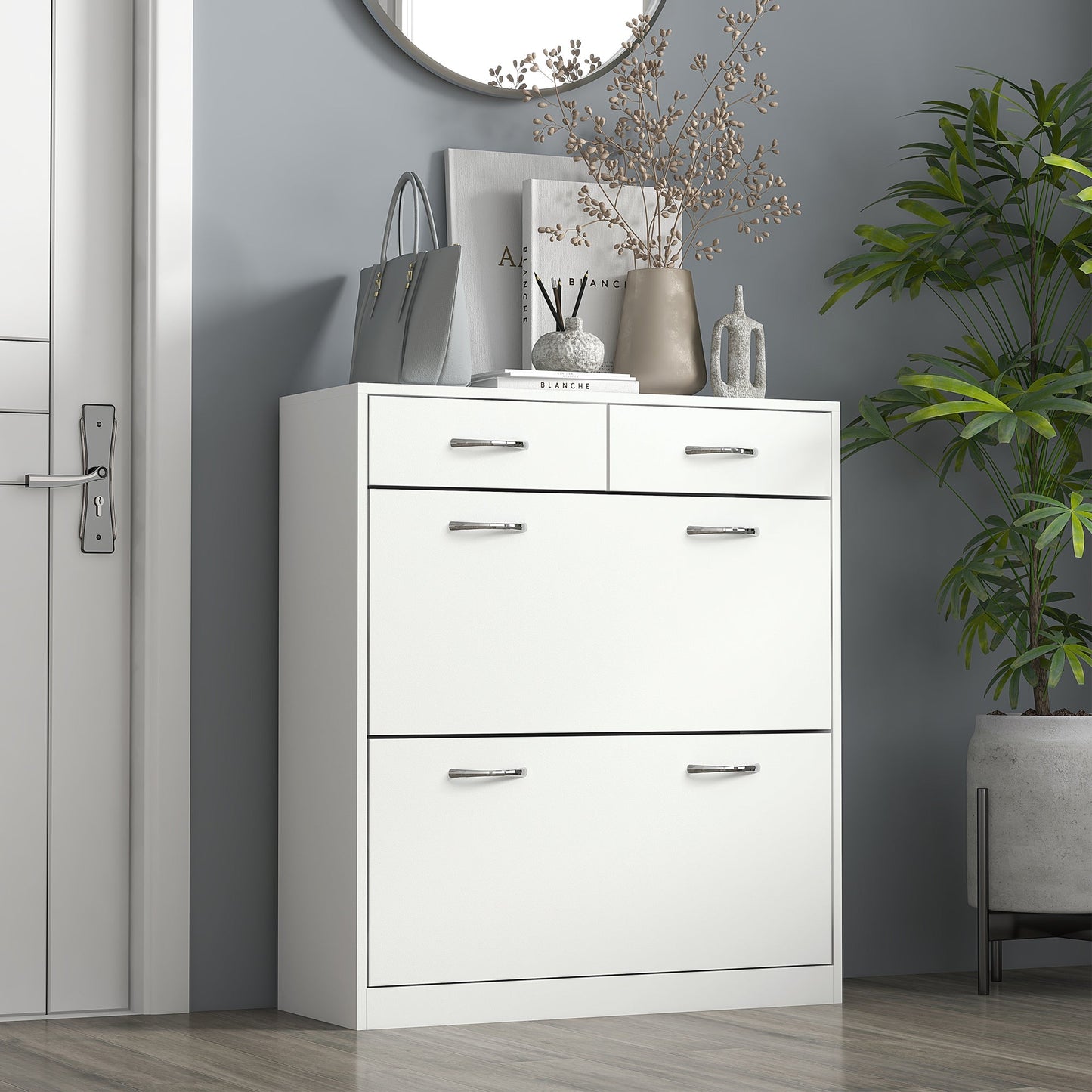 HOMCOM Narrow Shoe Cabinet, Slim Shoe Storage Cabinet with 2 Flip Drawers, 2 Slide Out Drawers and Adjustable Shelves for 12 Pairs of Shoes for Entryway Hallway, White