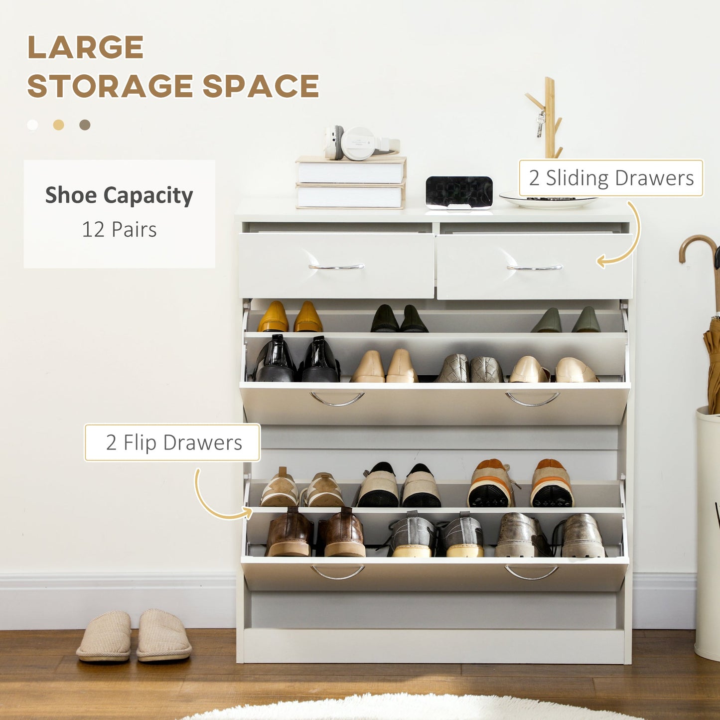 HOMCOM Narrow Shoe Cabinet, Slim Shoe Storage Cabinet with 2 Flip Drawers, 2 Slide Out Drawers and Adjustable Shelves for 12 Pairs of Shoes for Entryway Hallway, White