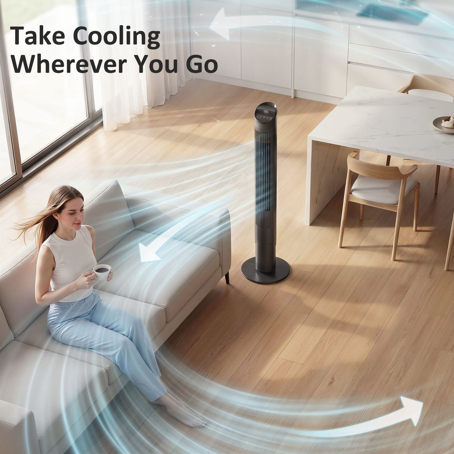 101.8 cm Tower Fan for Cooling, Standing Floor Cooling Fan with WiFi App, 6 Speeds and 4 Modes, 65° Oscillating, 12H Timer and Remote Control for Bedroom, Office, Black