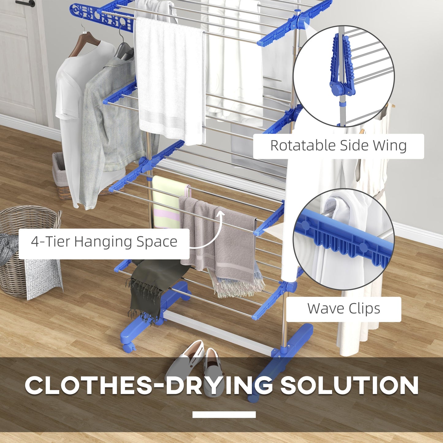 HOMCOM 4-Tier Clothes Airer, Foldable Clothes Drying Rack, Stainless Steel Indoor and Outdoor Clothes Dryer with Wheels and Wings, Easy Assembly, 142 x 55 x 172cm, Blue