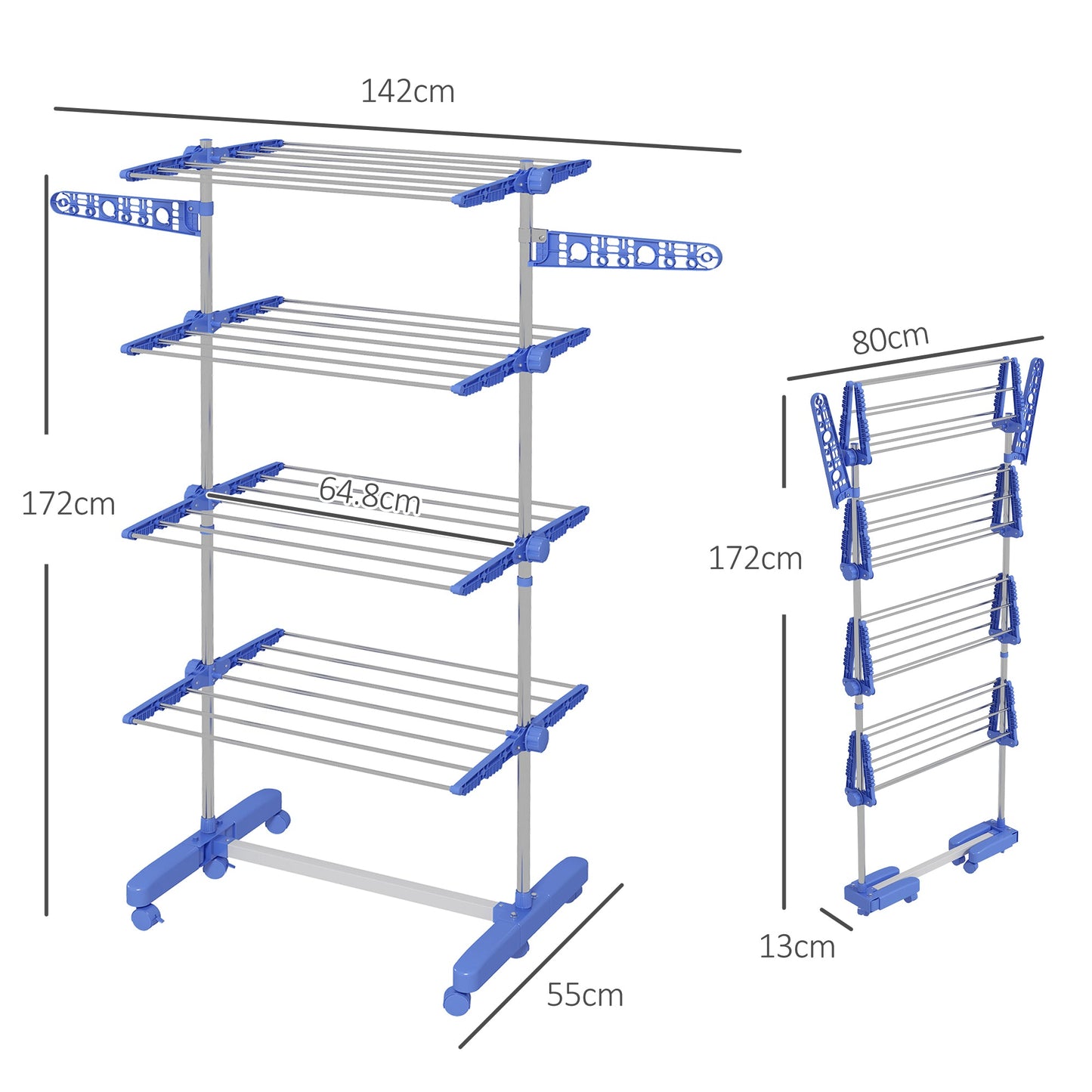HOMCOM 4-Tier Clothes Airer, Foldable Clothes Drying Rack, Stainless Steel Indoor and Outdoor Clothes Dryer with Wheels and Wings, Easy Assembly, 142 x 55 x 172cm, Blue