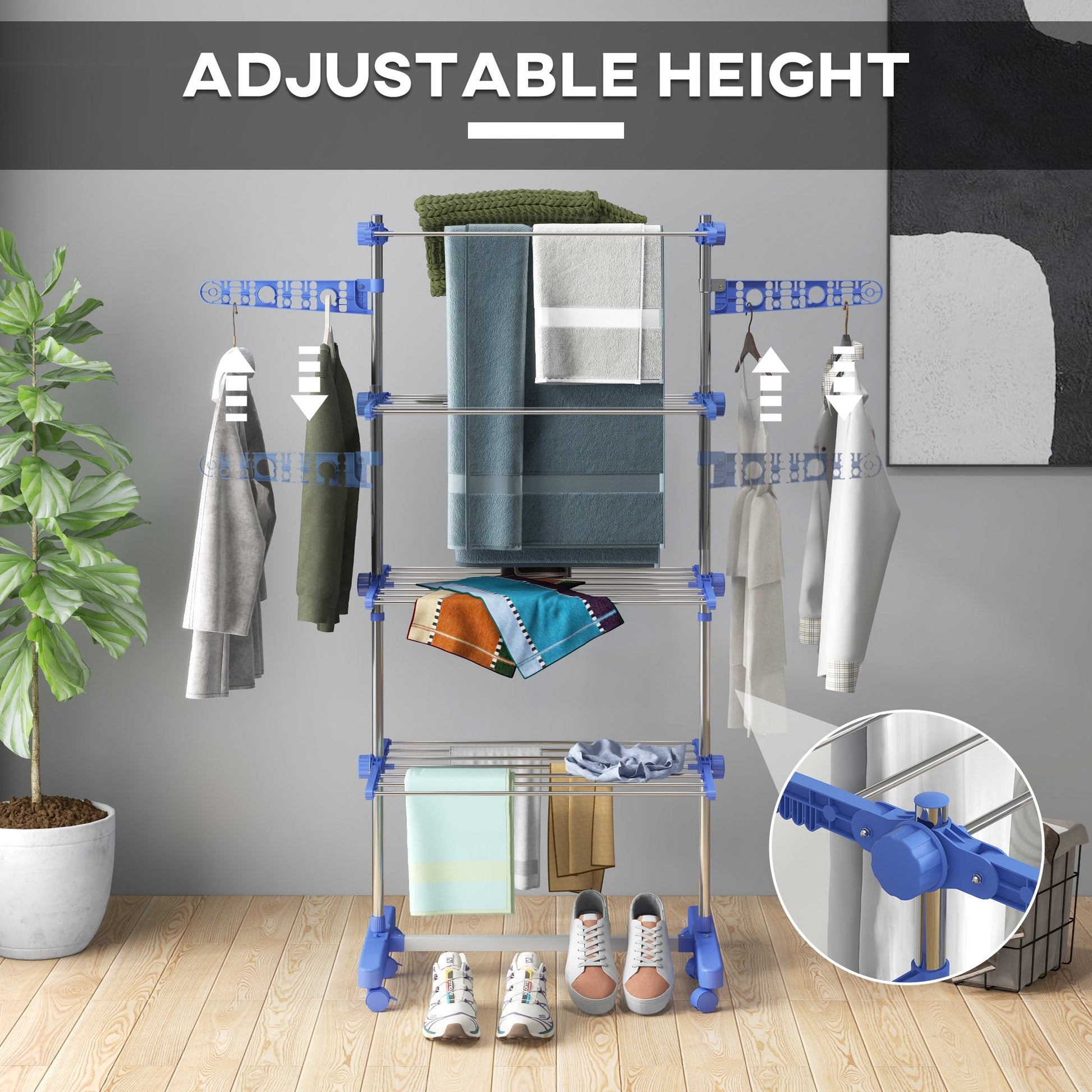 HOMCOM 4-Tier Clothes Airer, Foldable Clothes Drying Rack, Stainless Steel Indoor and Outdoor Clothes Dryer with Wheels and Wings, Easy Assembly, 142 x 55 x 172cm, Blue