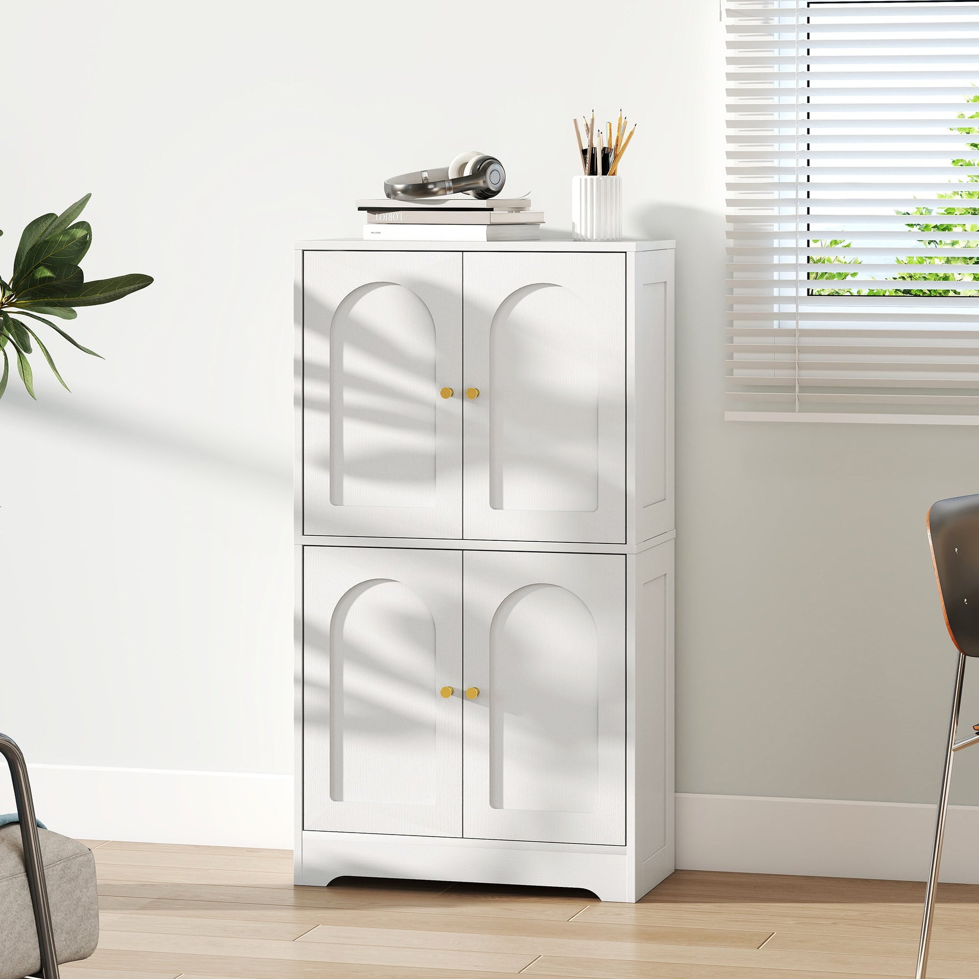 110cm Kitchen Cupboard, Freestanding Kitchen Storage Cabinet with 4 Arched Doors and 2 Adjustable Shelves, Modern Pantry Cupboard for Dining Room, White