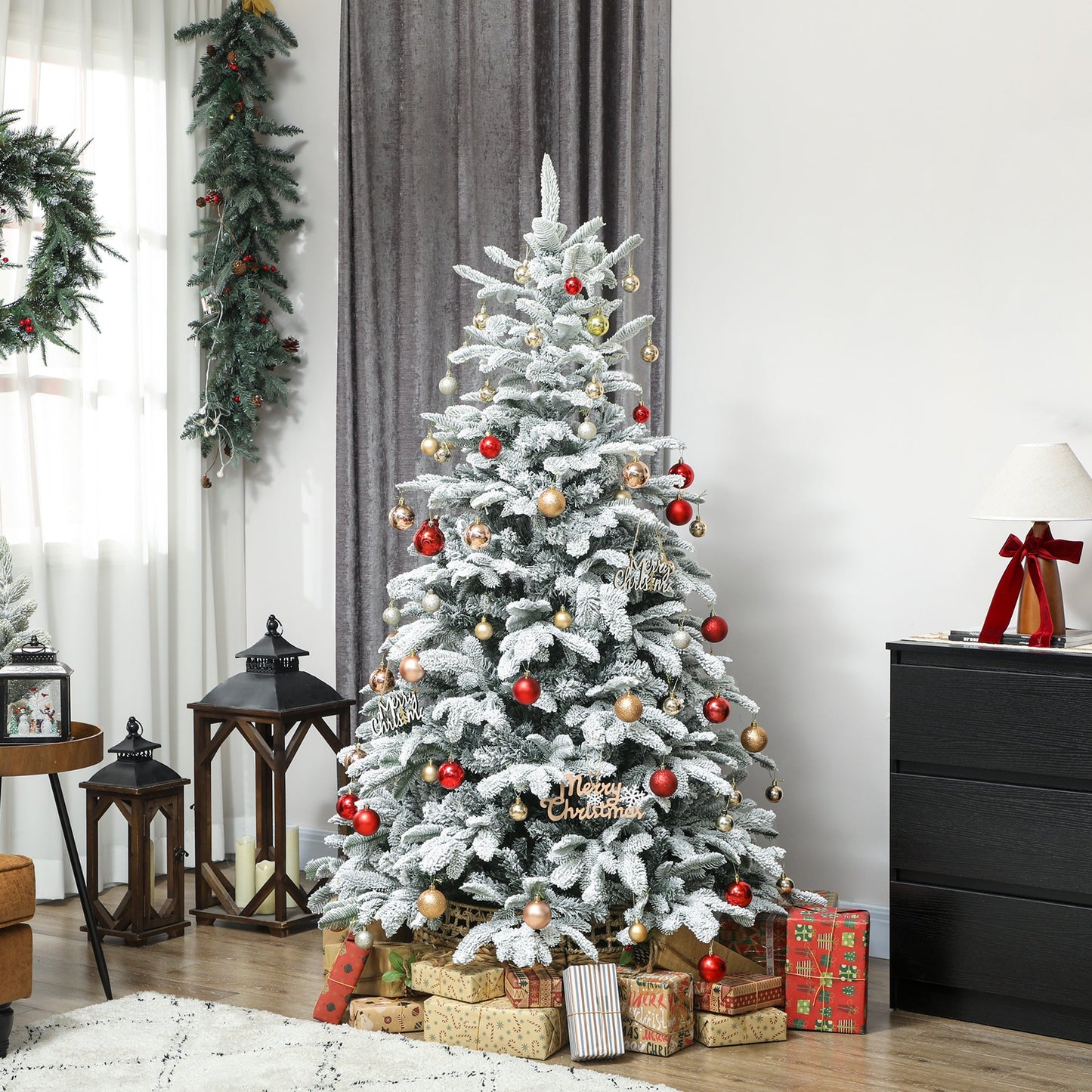 6 ft Artificial Flocked Christmas Tree with 1182 Branches, Hinged Xmas Tree with Foldable Metal Stand, Easy Assembly for Home Office Decor