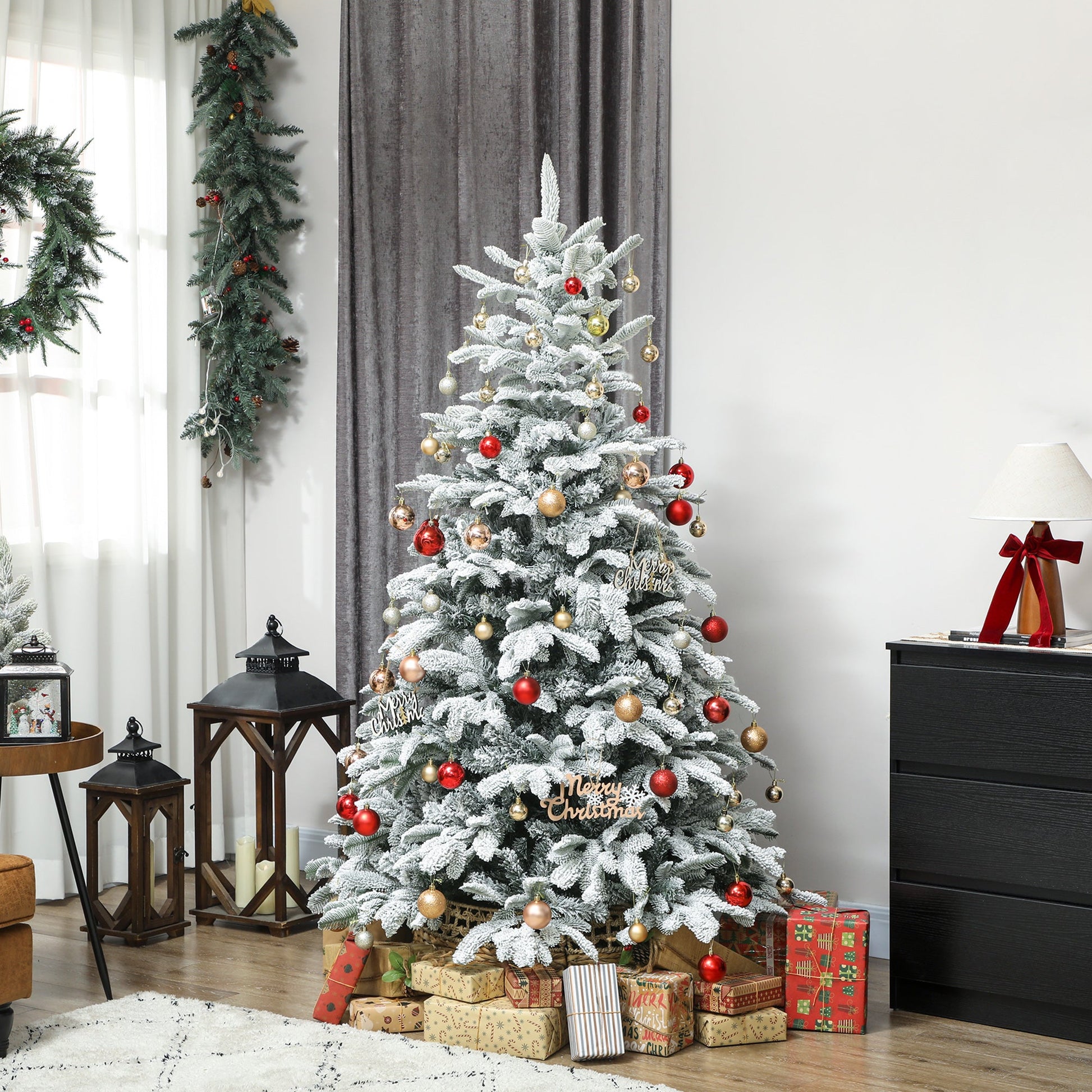 6 ft Artificial Flocked Christmas Tree with 1182 Branches, Hinged Xmas Tree with Foldable Metal Stand, Easy Assembly for Home Office Decor
